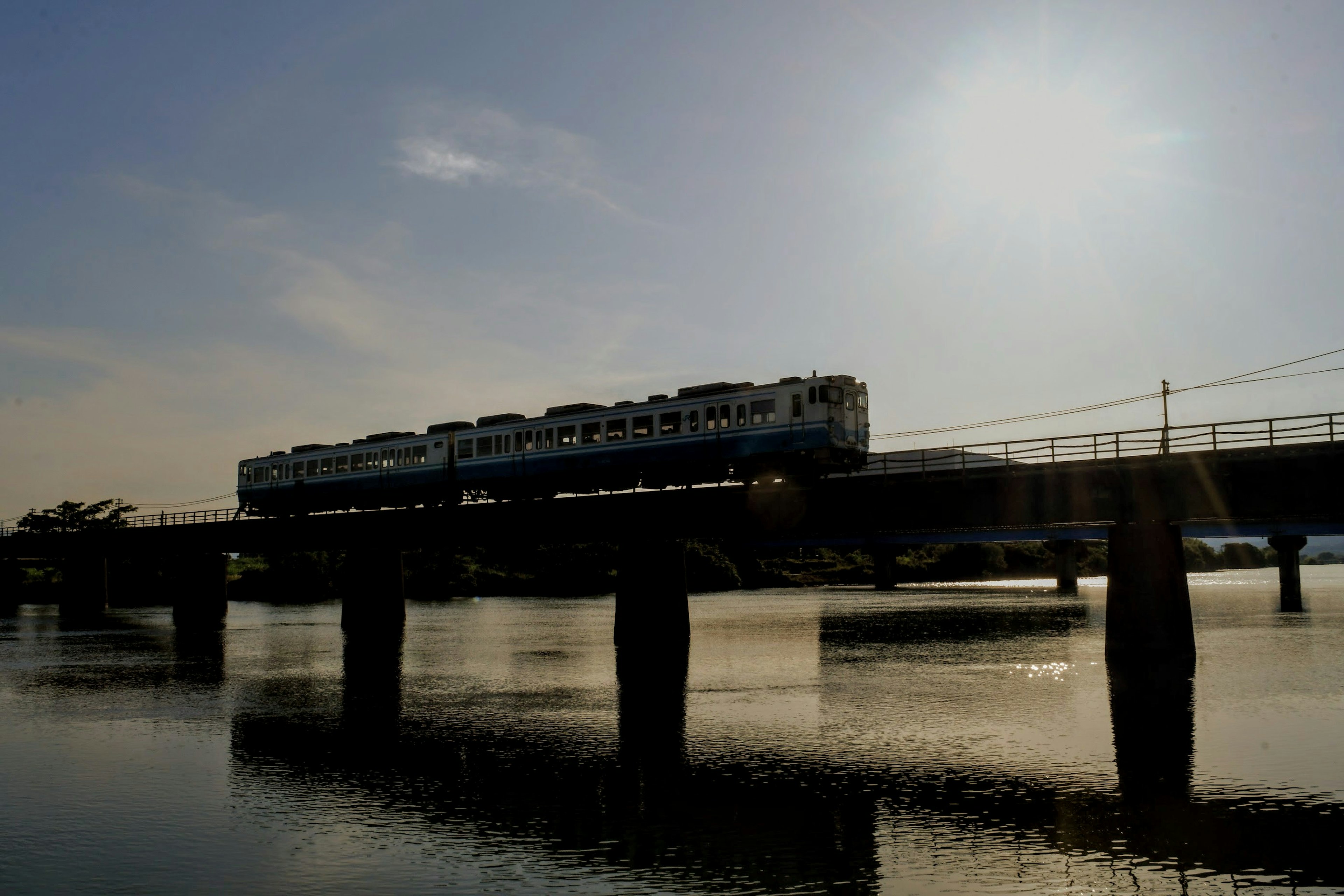 夕陽下火車穿越河上的橋