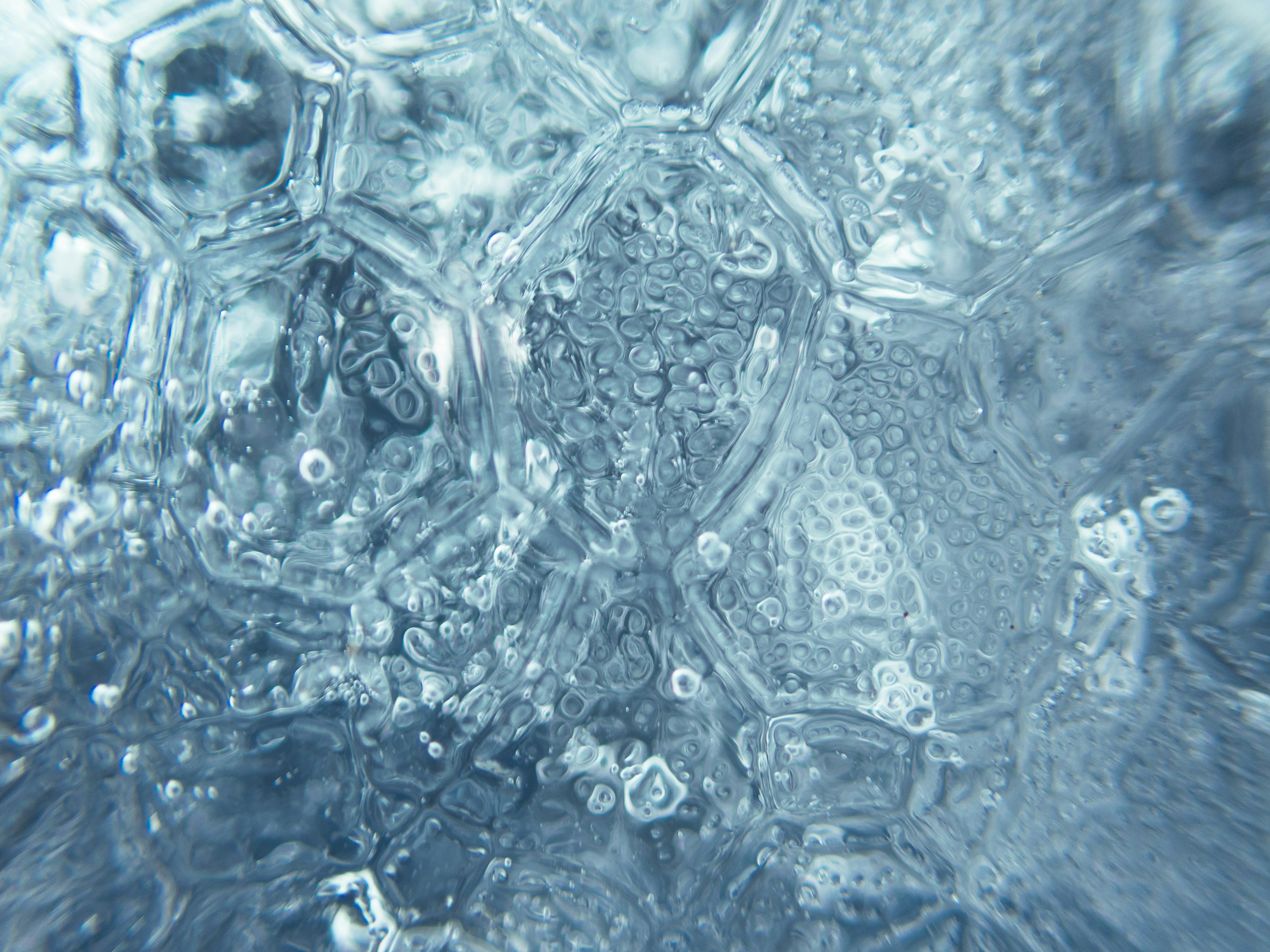 Nahaufnahme von Eiskristallen mit transparenten blauen Farbtönen