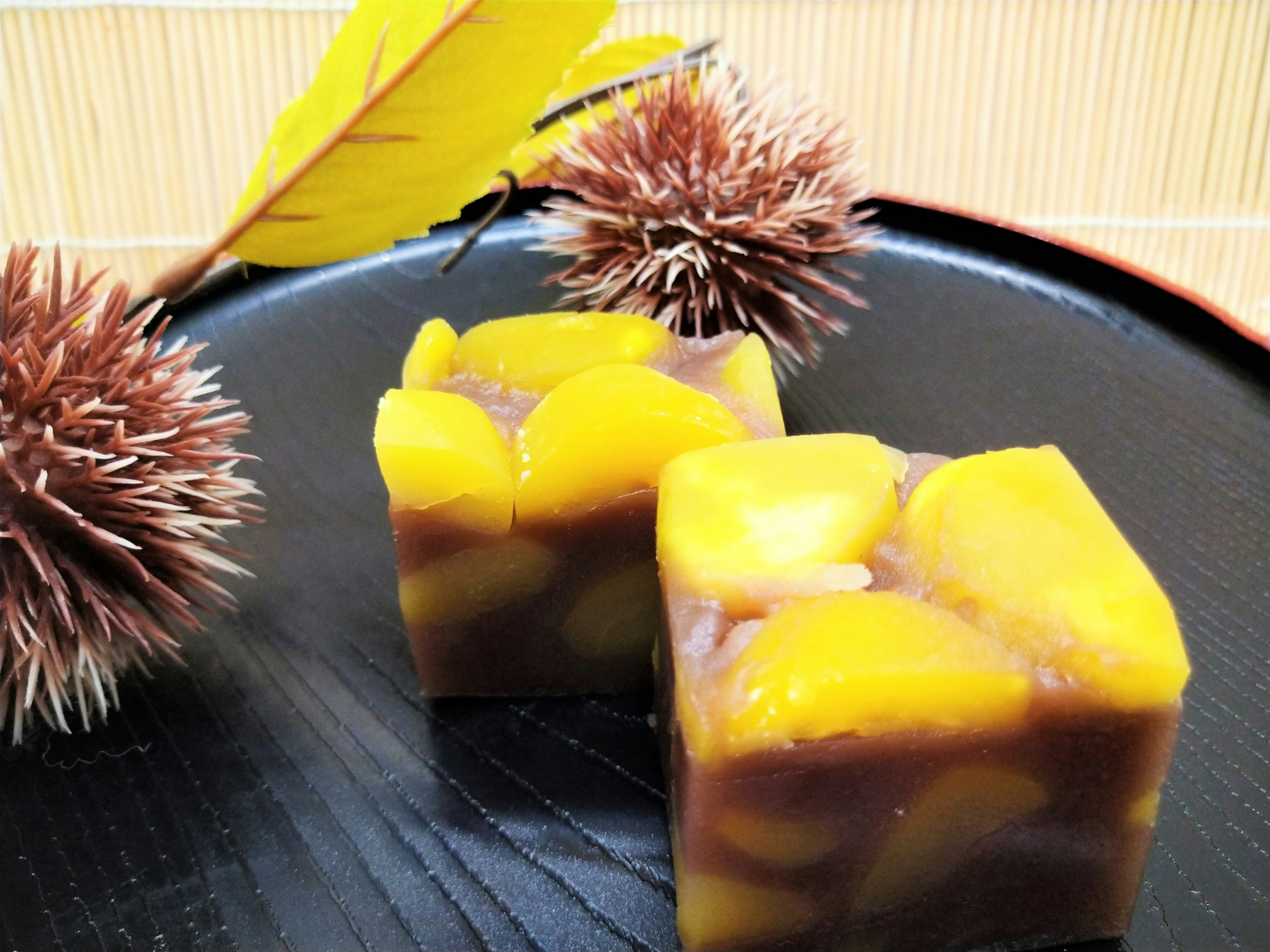 Japanese sweets with autumn colors and chestnut decorations