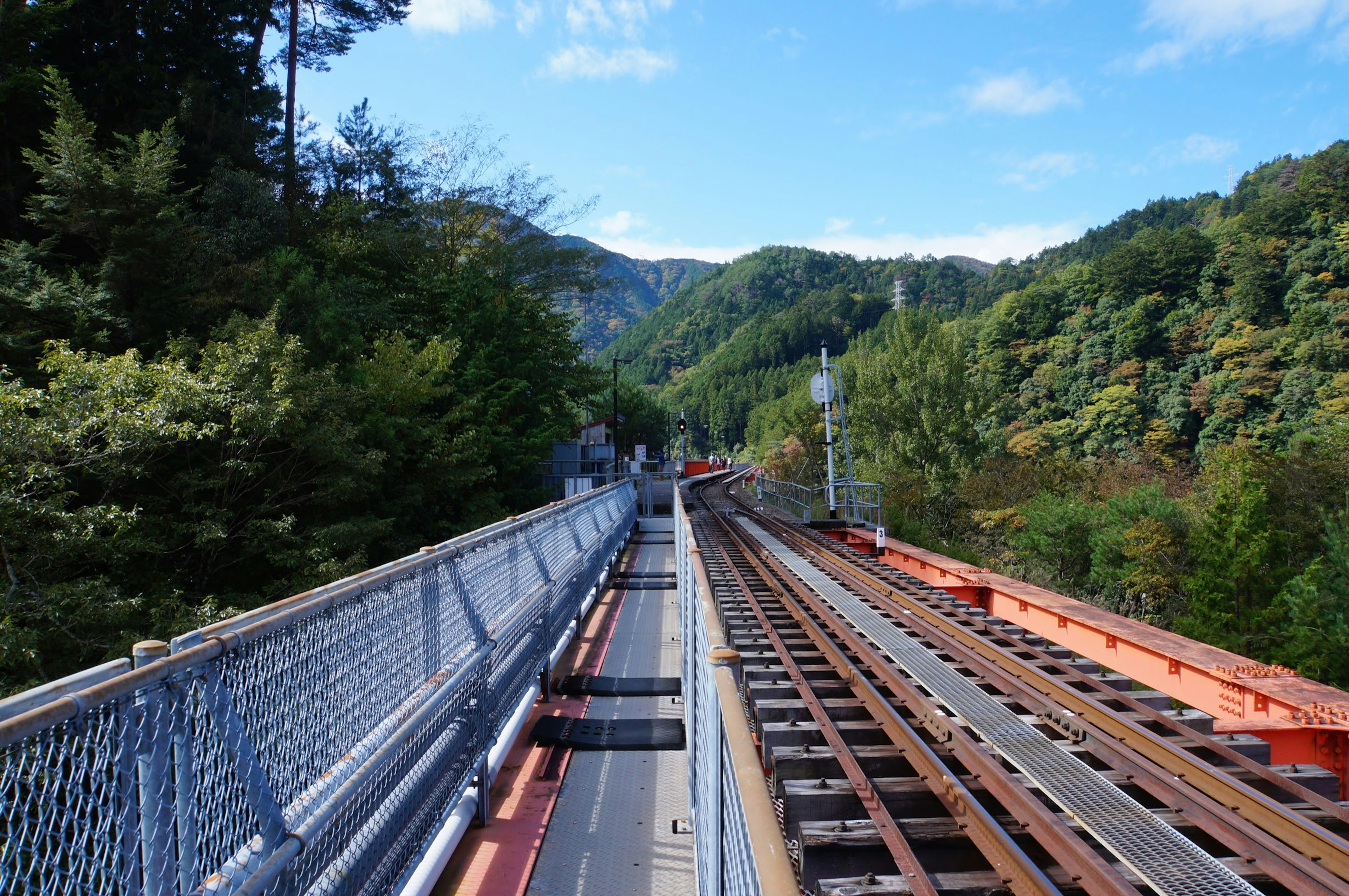 山々に囲まれた鉄道の風景 線路と青空が見える