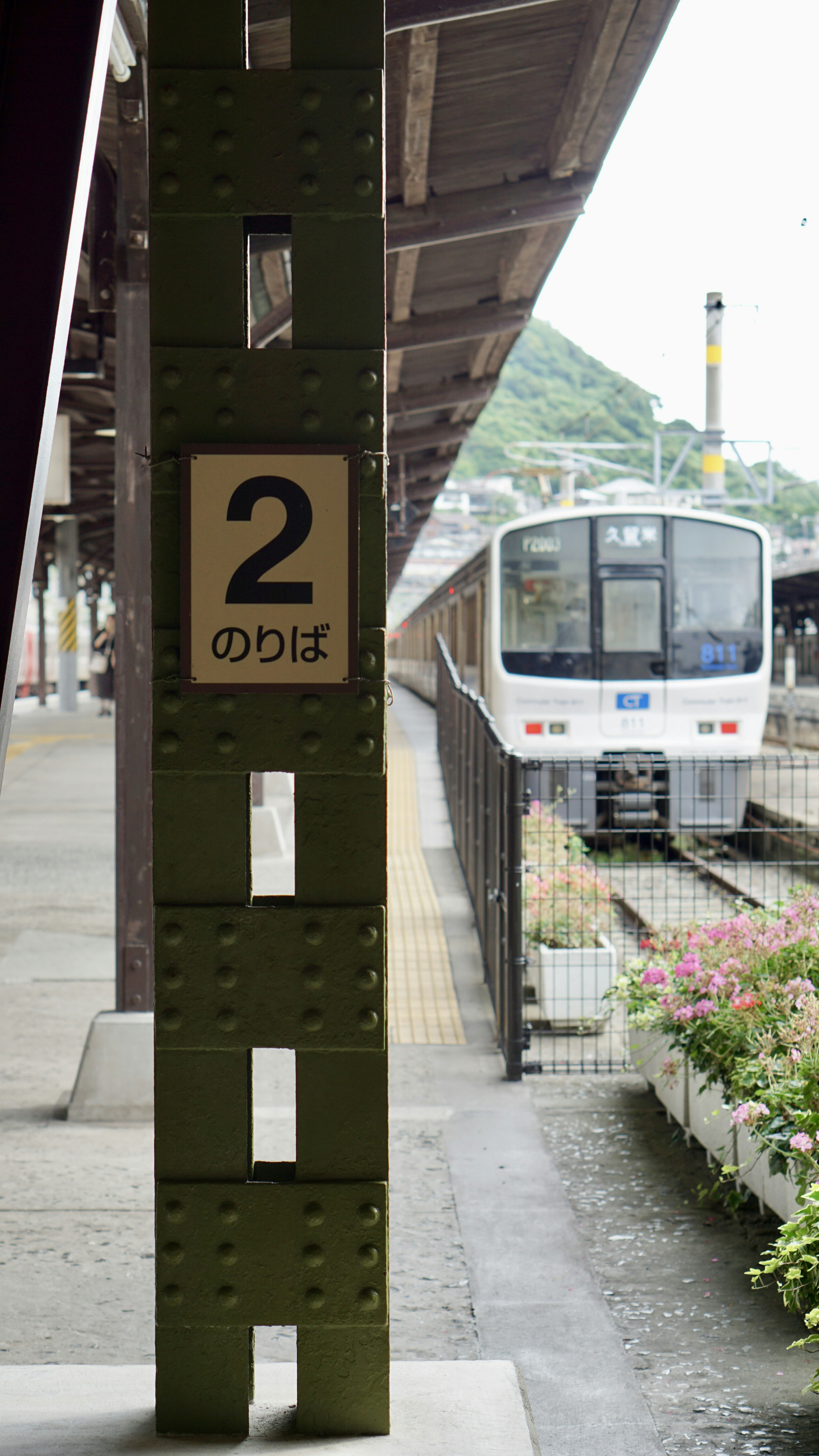 Tanda platform nomor 2 dengan kereta di stasiun