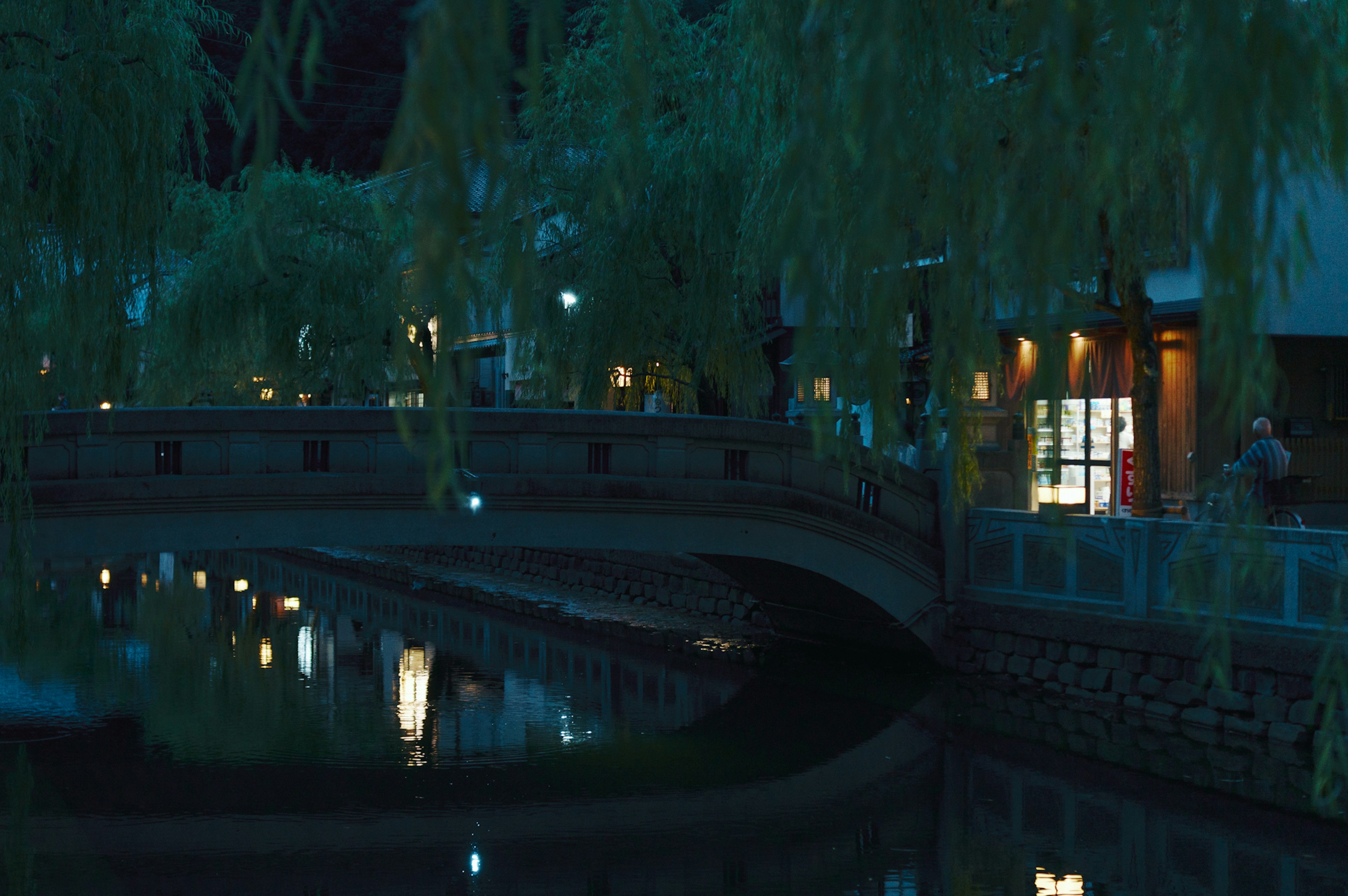 Escena nocturna de sauces reflejándose en el agua y un puente