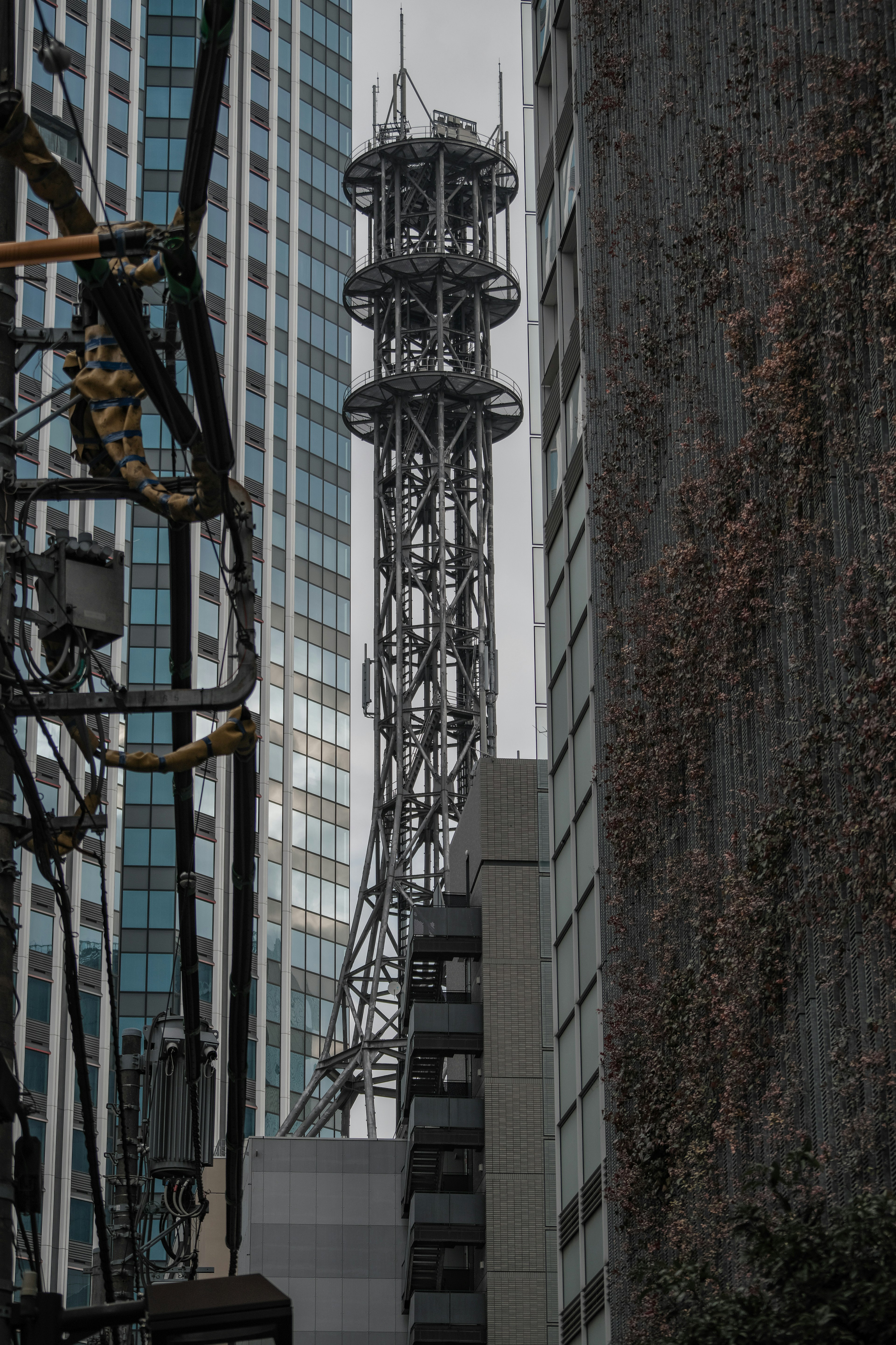 Tour de communication entre des gratte-ciels avec des lignes électriques