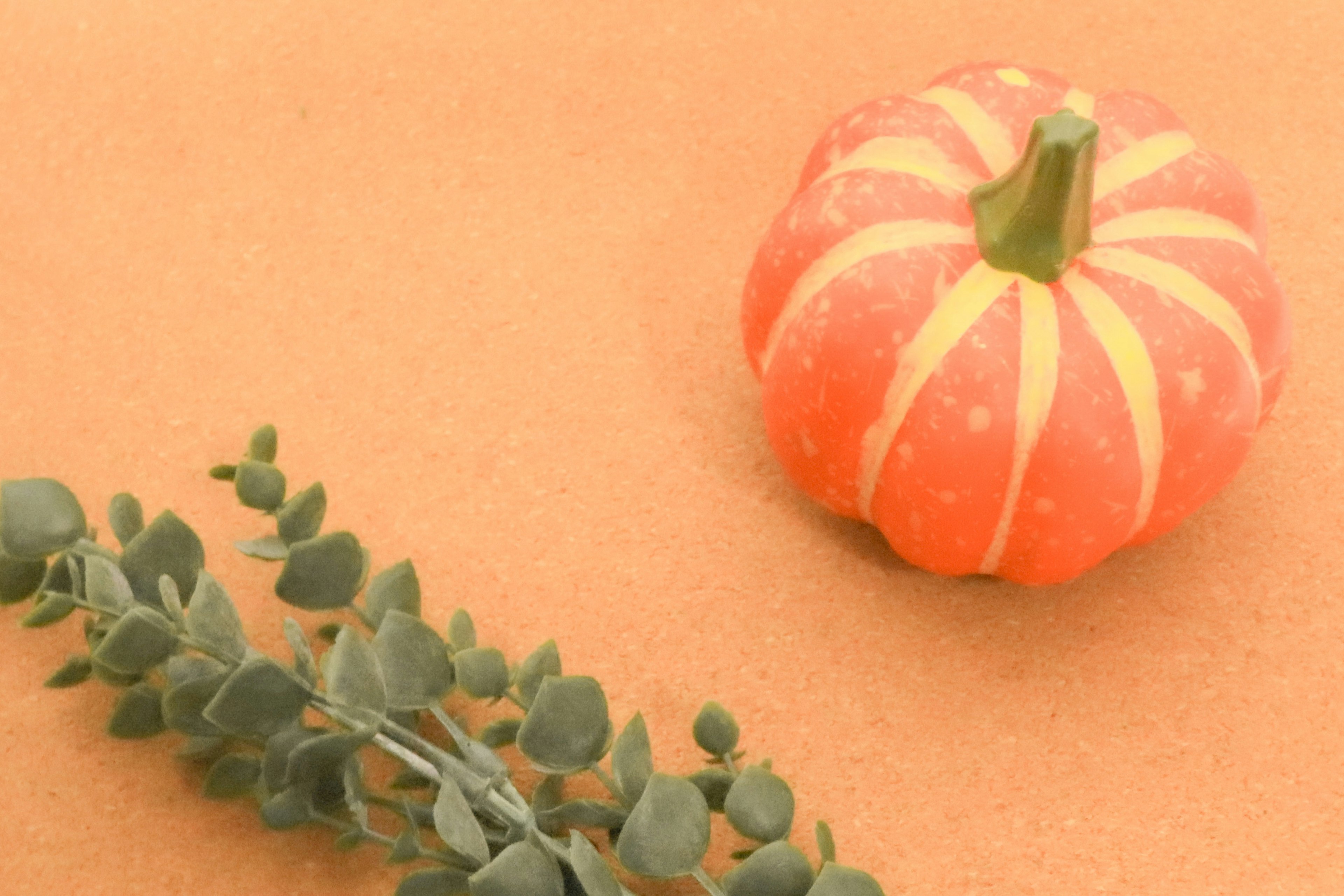 A small orange pumpkin with green stripes next to eucalyptus leaves on a beige background