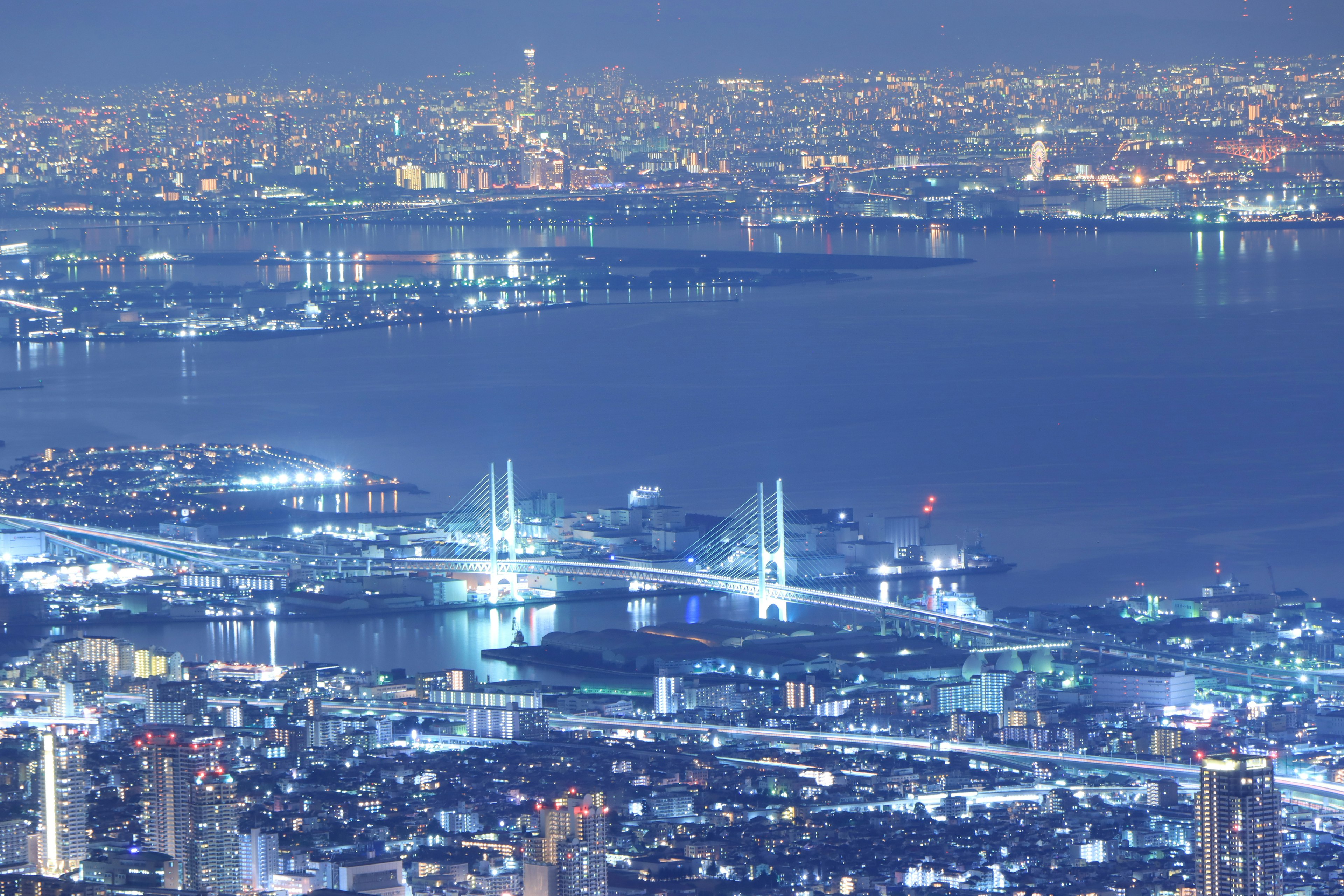 夜景城市景观，港口和桥梁灯光闪烁