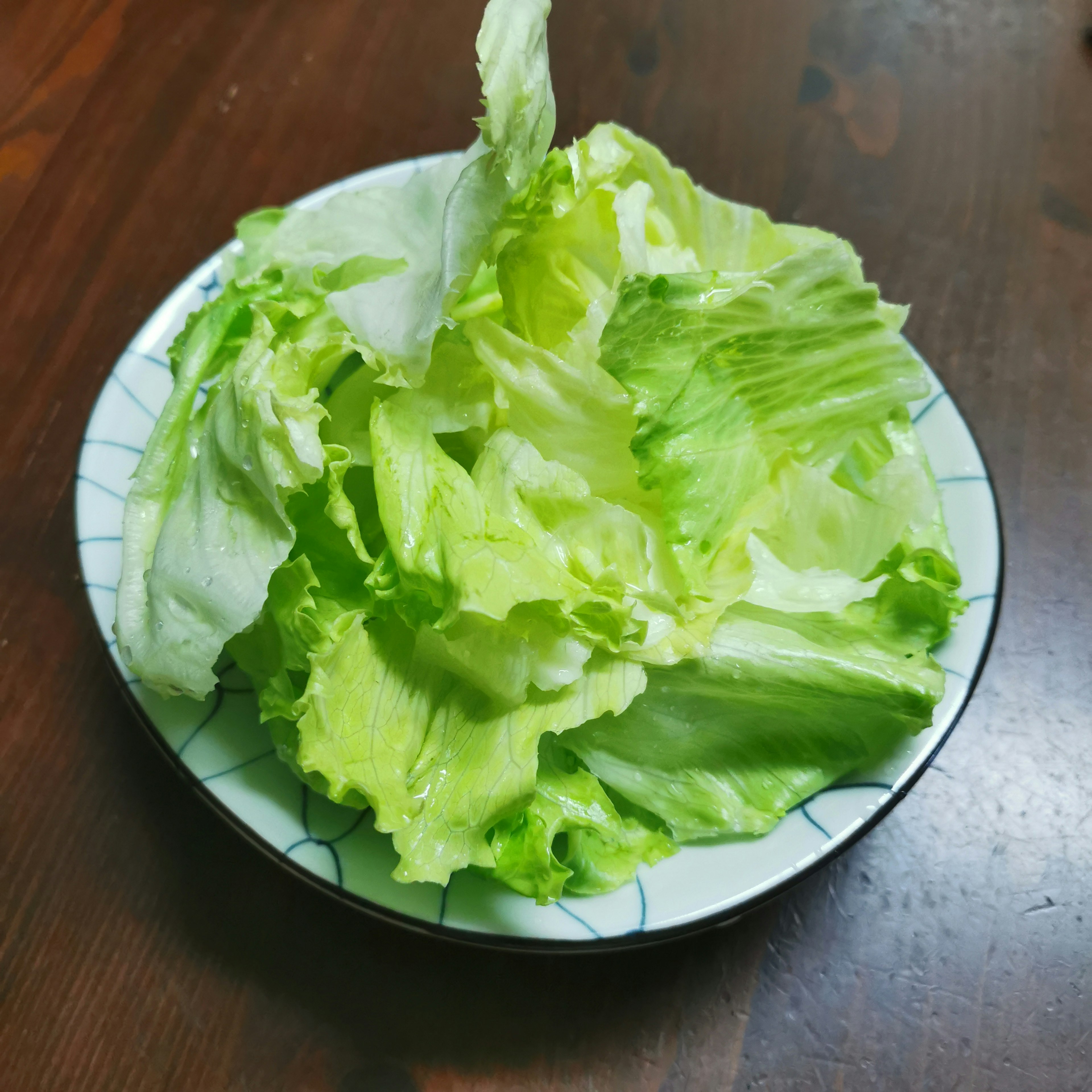 Fresh green lettuce leaves arranged on a plate