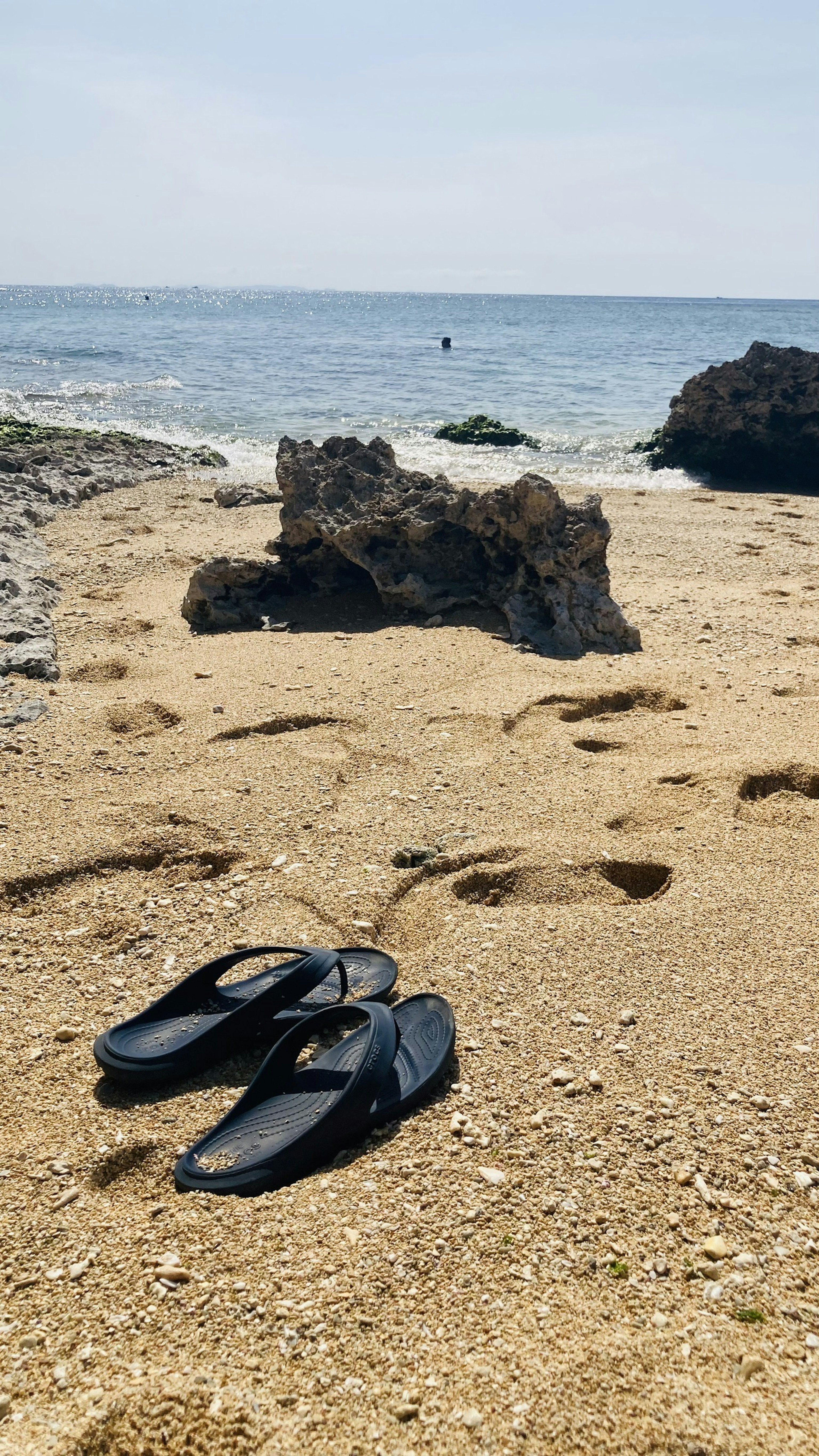 Black flip-flops on a sandy beach with rocks and ocean in the background