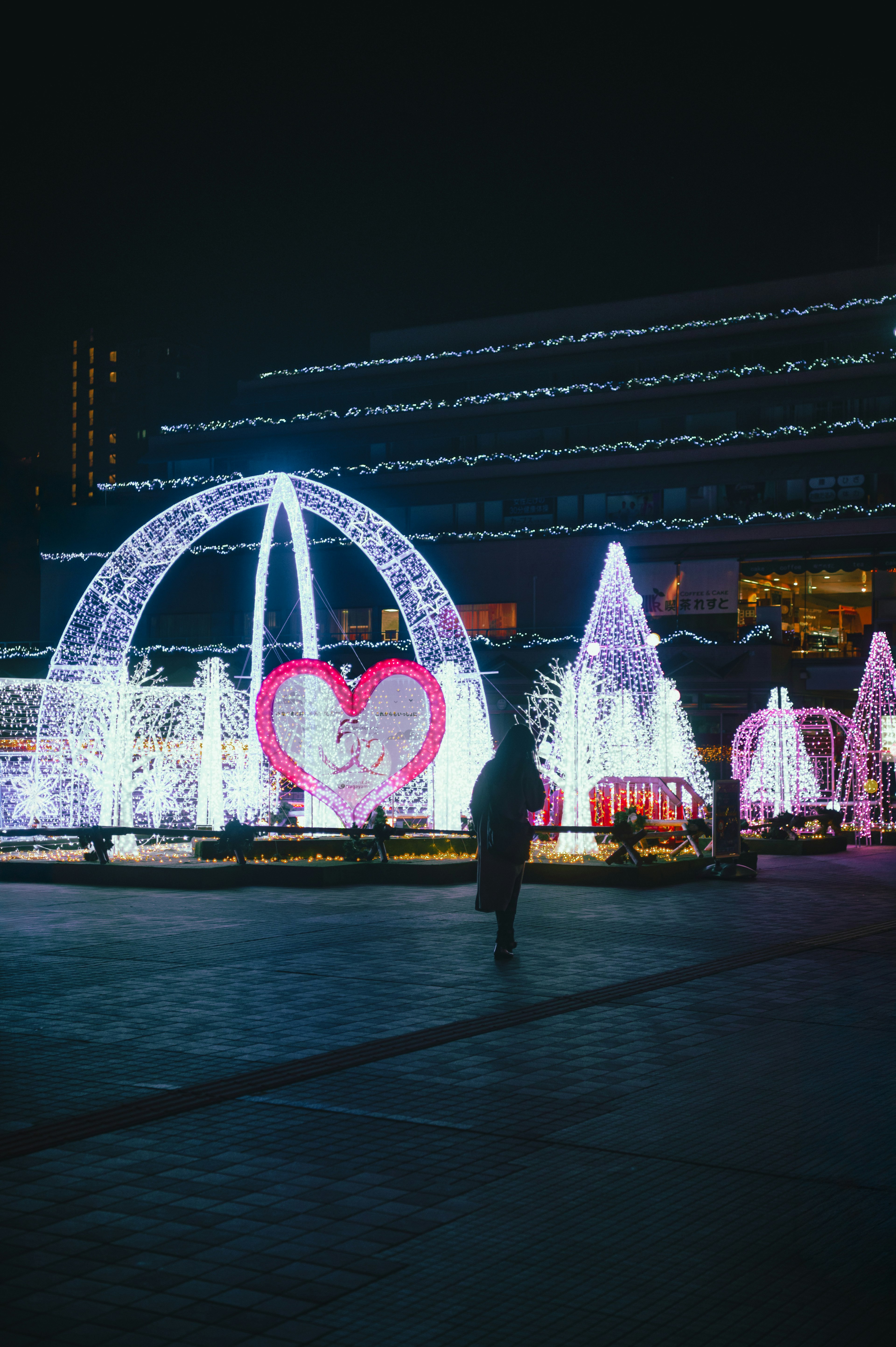 Escena nocturna de un parque iluminado con luces brillantes que presenta un arco en forma de corazón