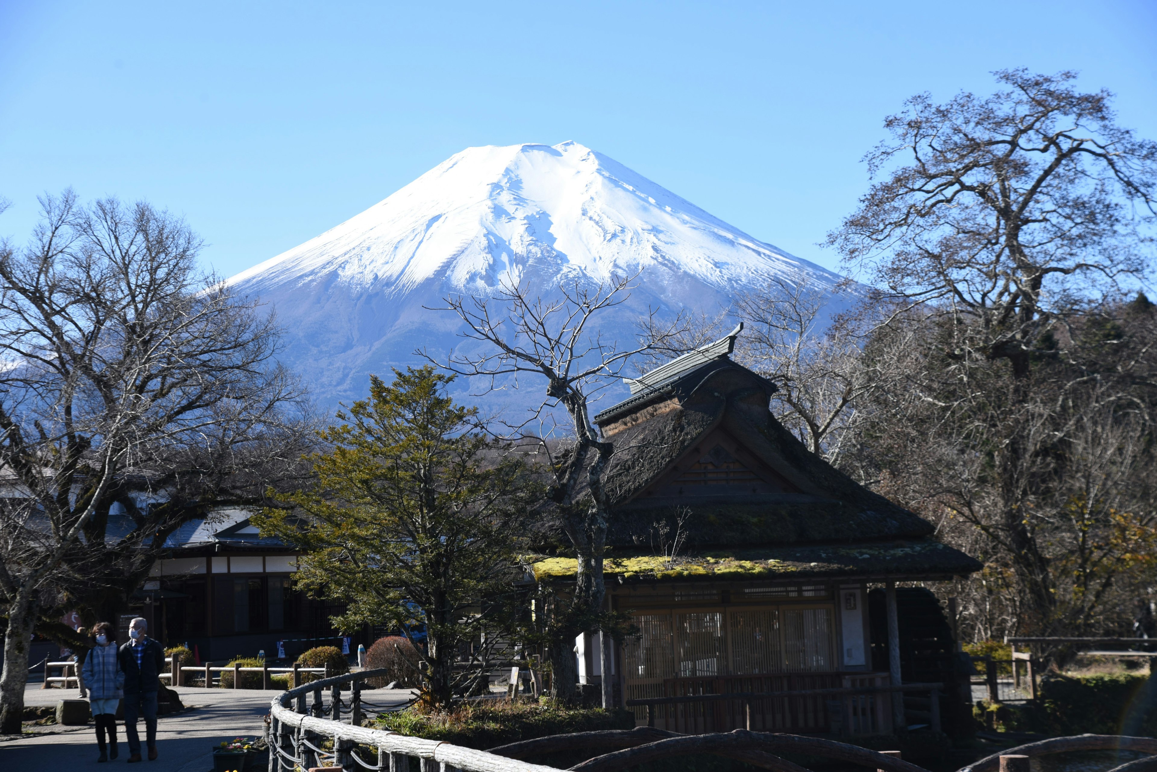 Landscape featuring a traditional Japanese building with Mount Fuji in the background