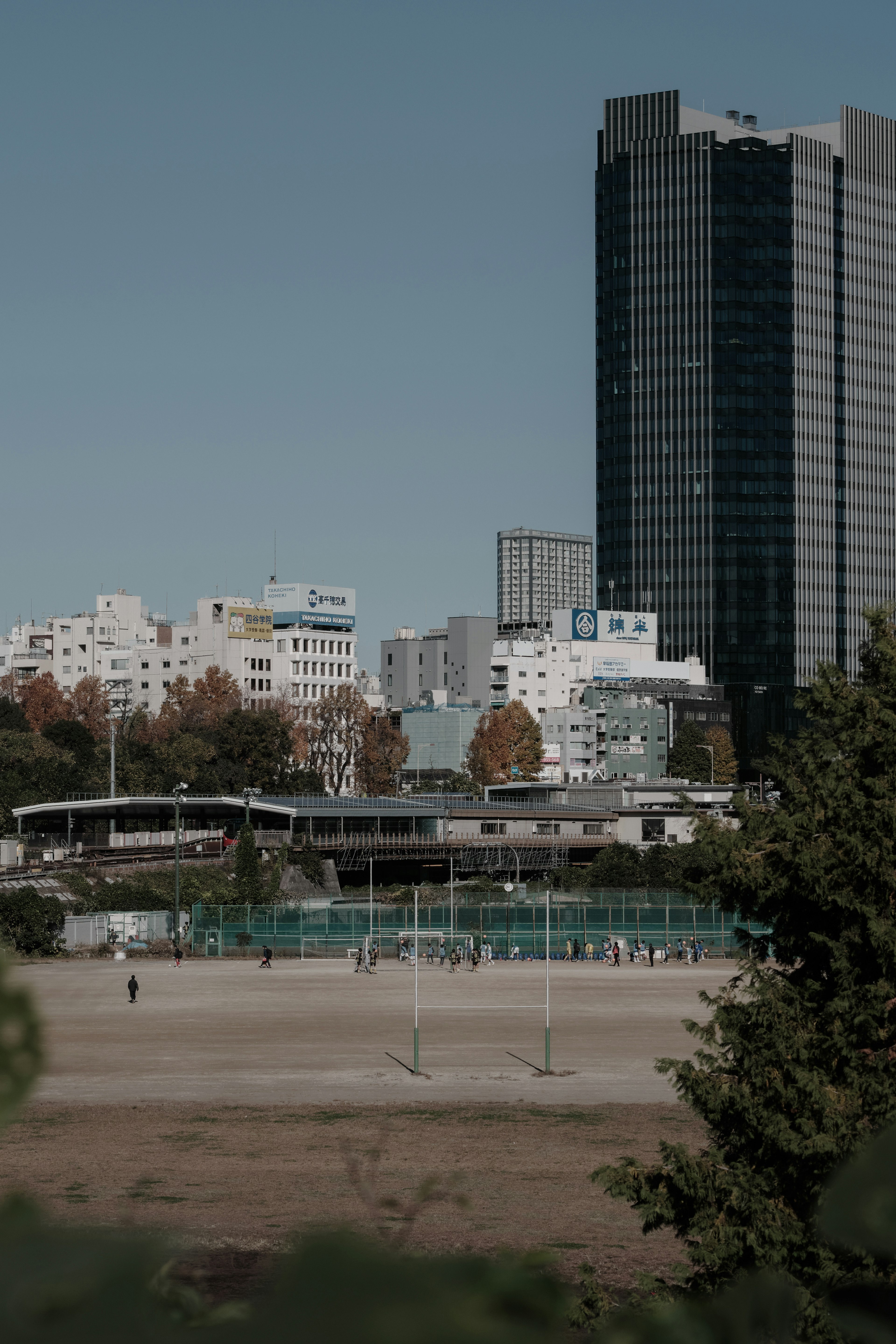 Cityscape featuring a tall building and a park with green grass