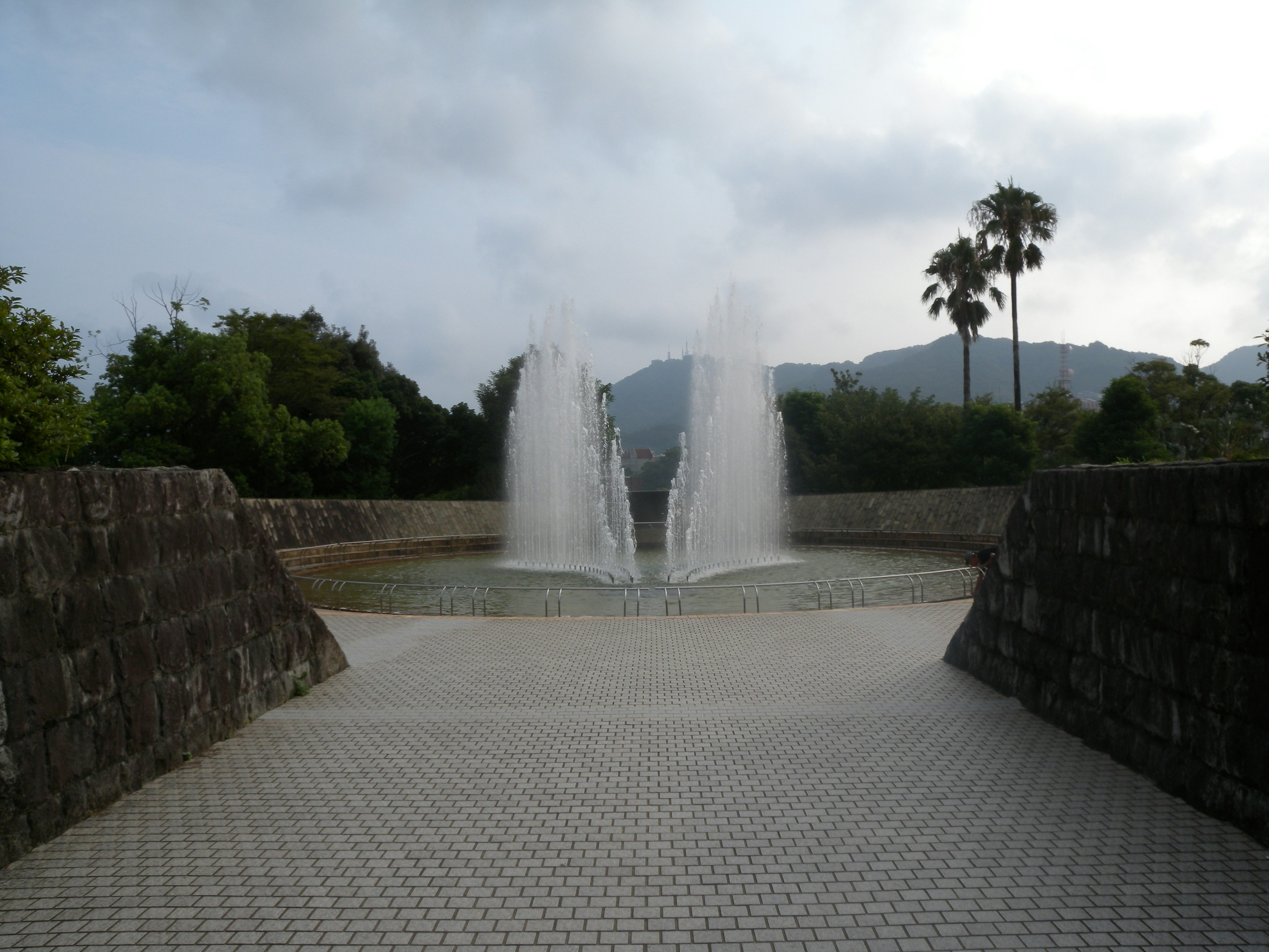 公園裡有噴泉和周圍的綠樹