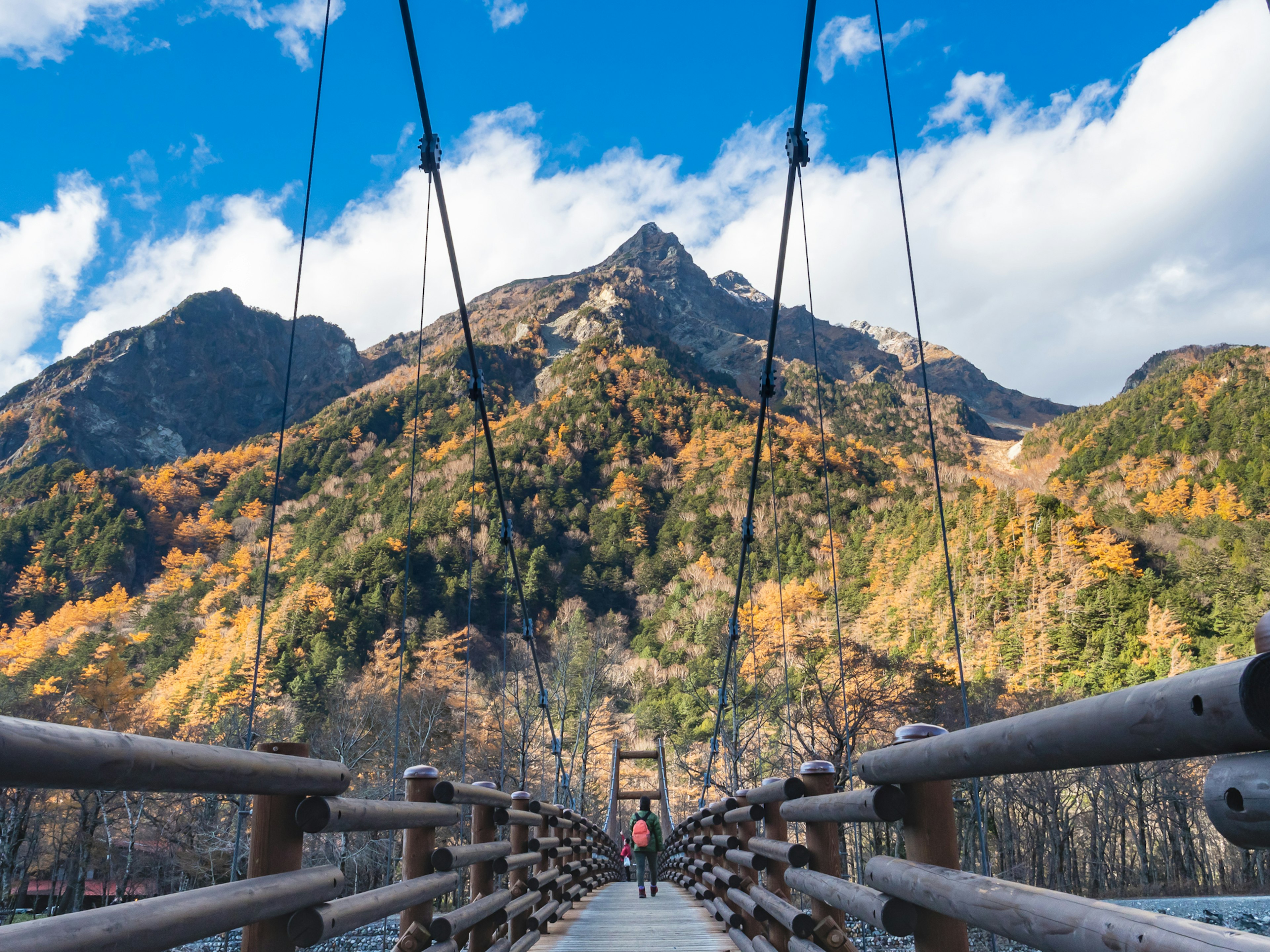 Panoramic view of a suspension bridge with beautiful mountain scenery