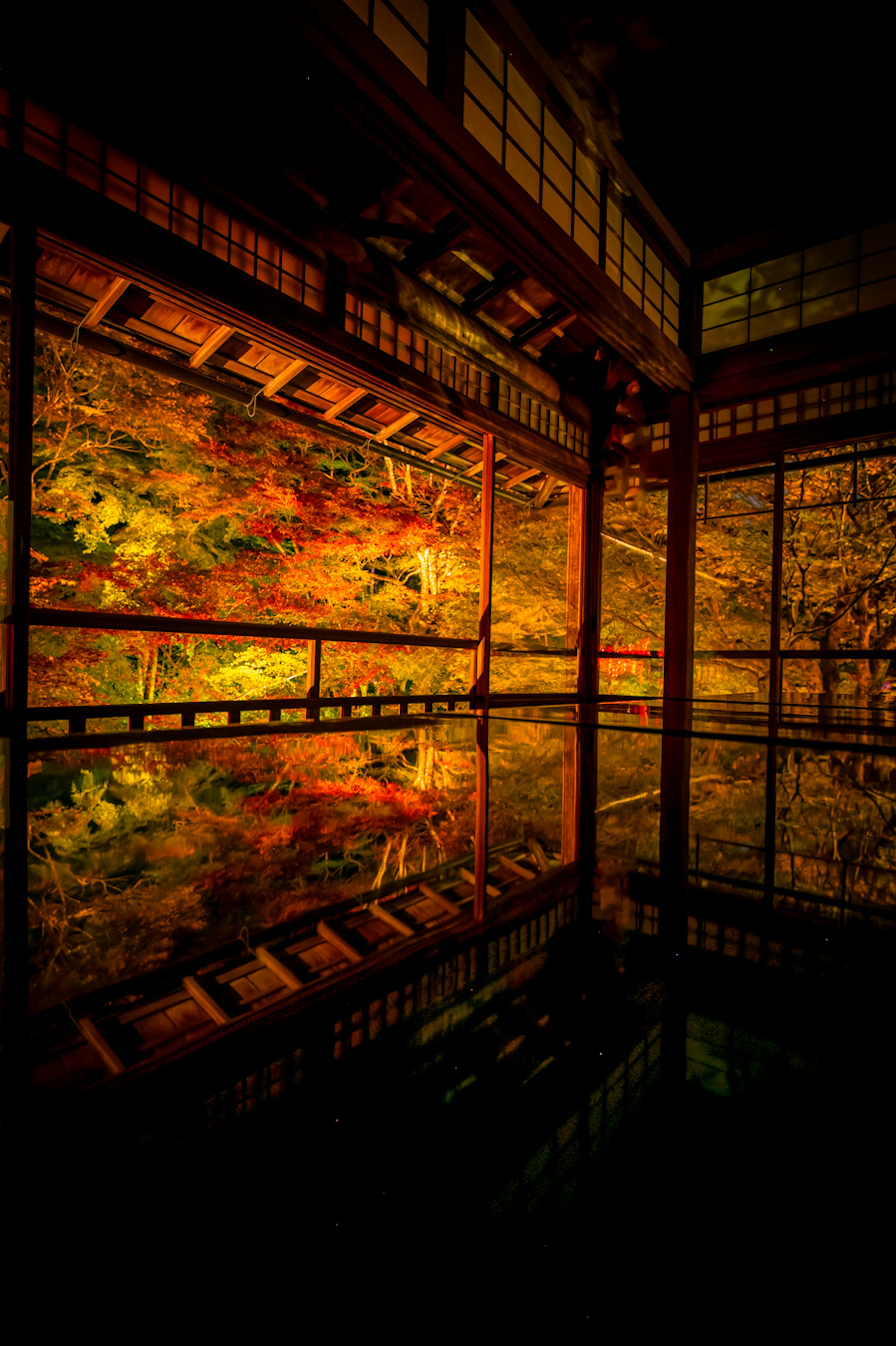 Interior of a serene room with beautiful golden murals reflecting