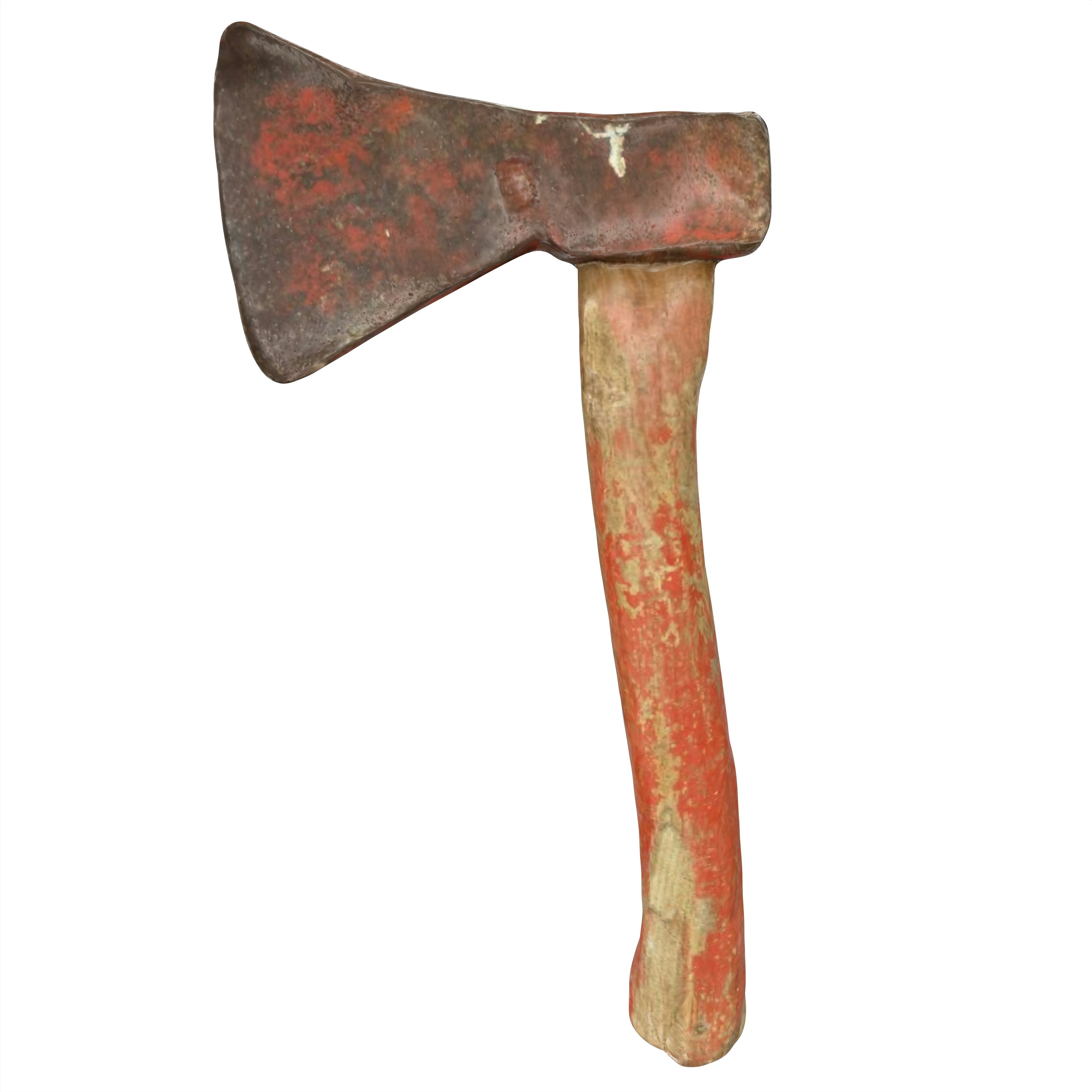 Image of an old axe featuring a rusty blade and a red handle