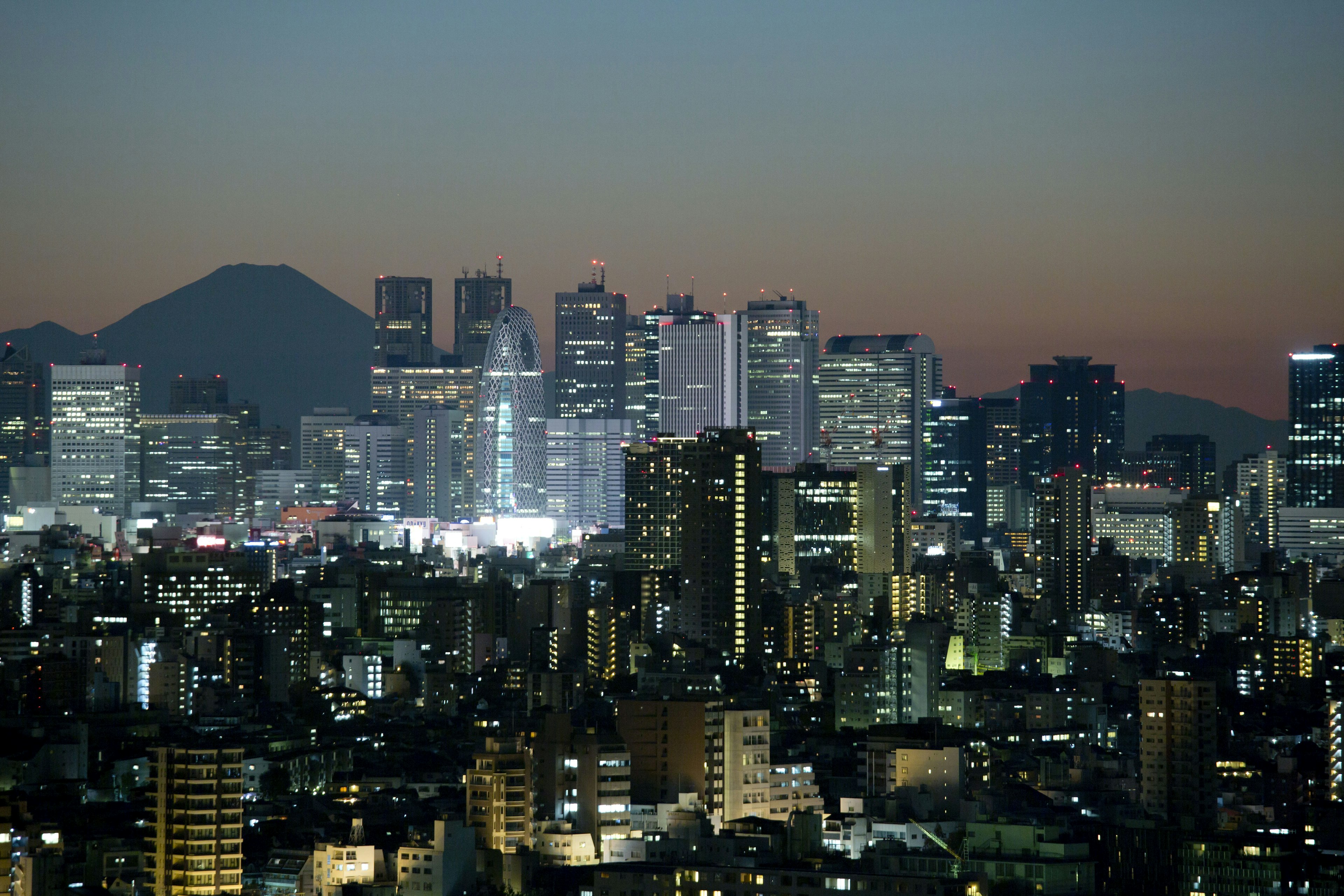 Vue nocturne de Tokyo avec des gratte-ciel et une silhouette de montagne