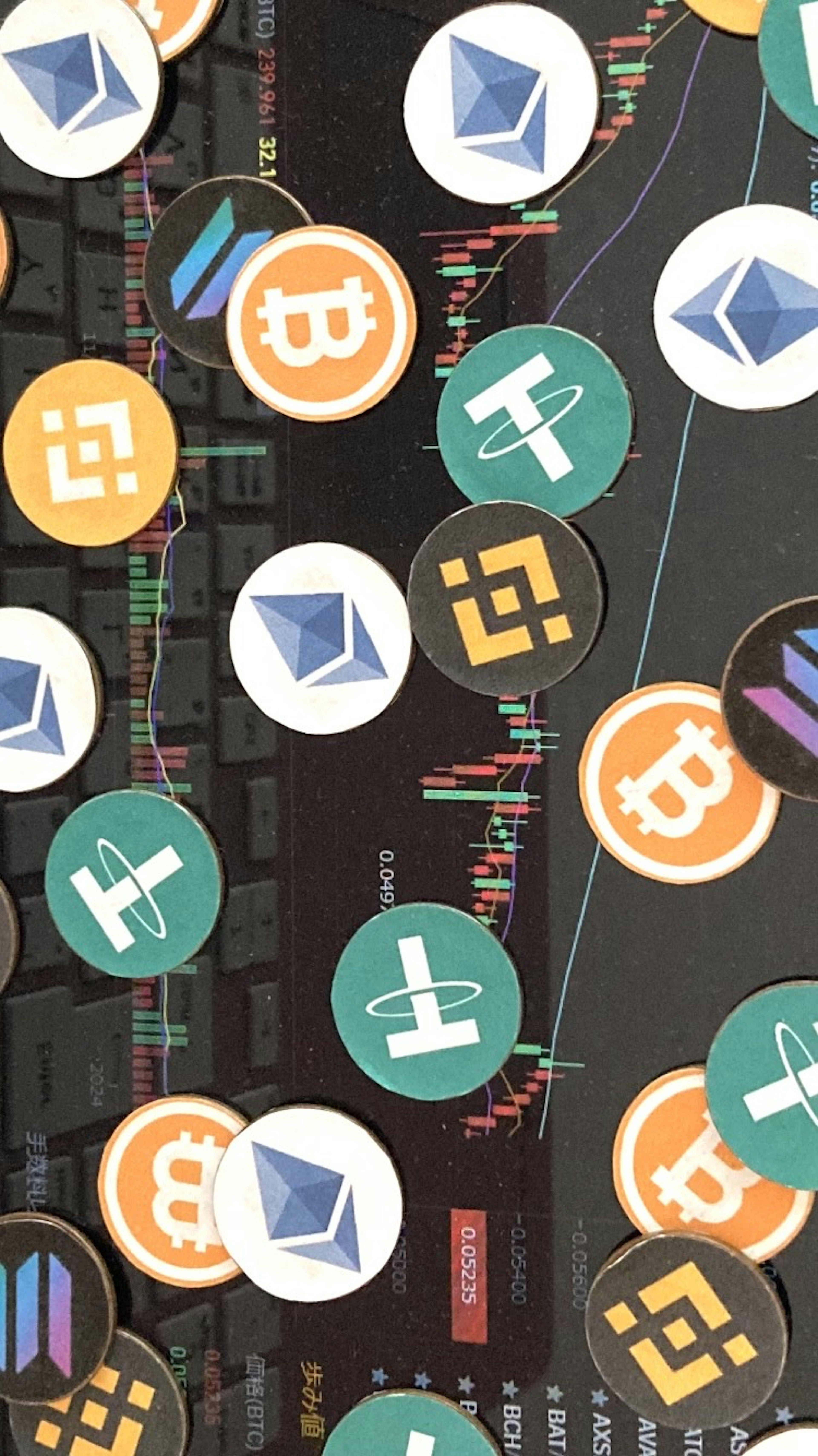 Image featuring various cryptocurrency logos scattered over a dark background