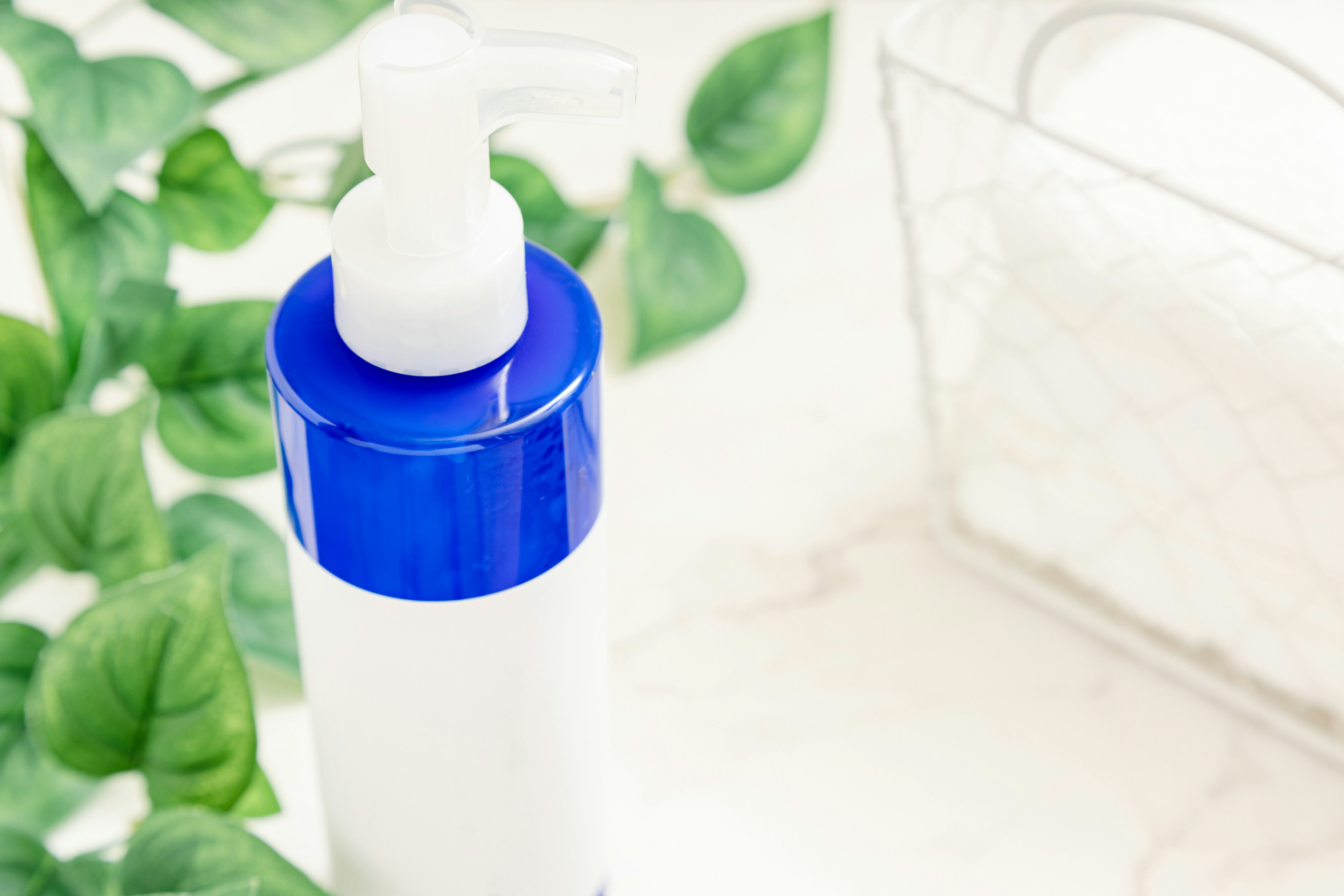 A pump bottle with a blue cap surrounded by green leaves on a light background