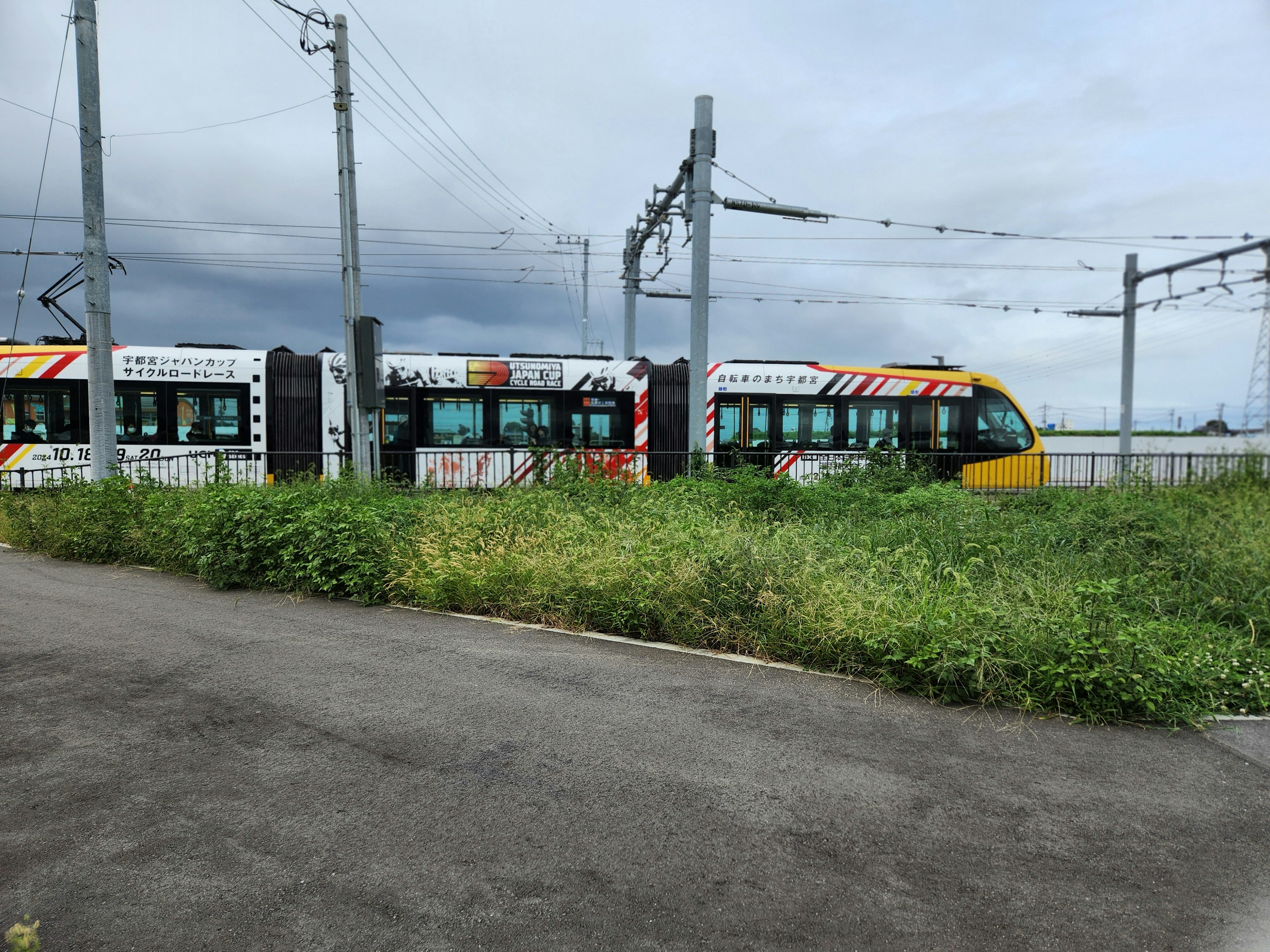 Tren colorido de pie frente a un fondo de hierba verde