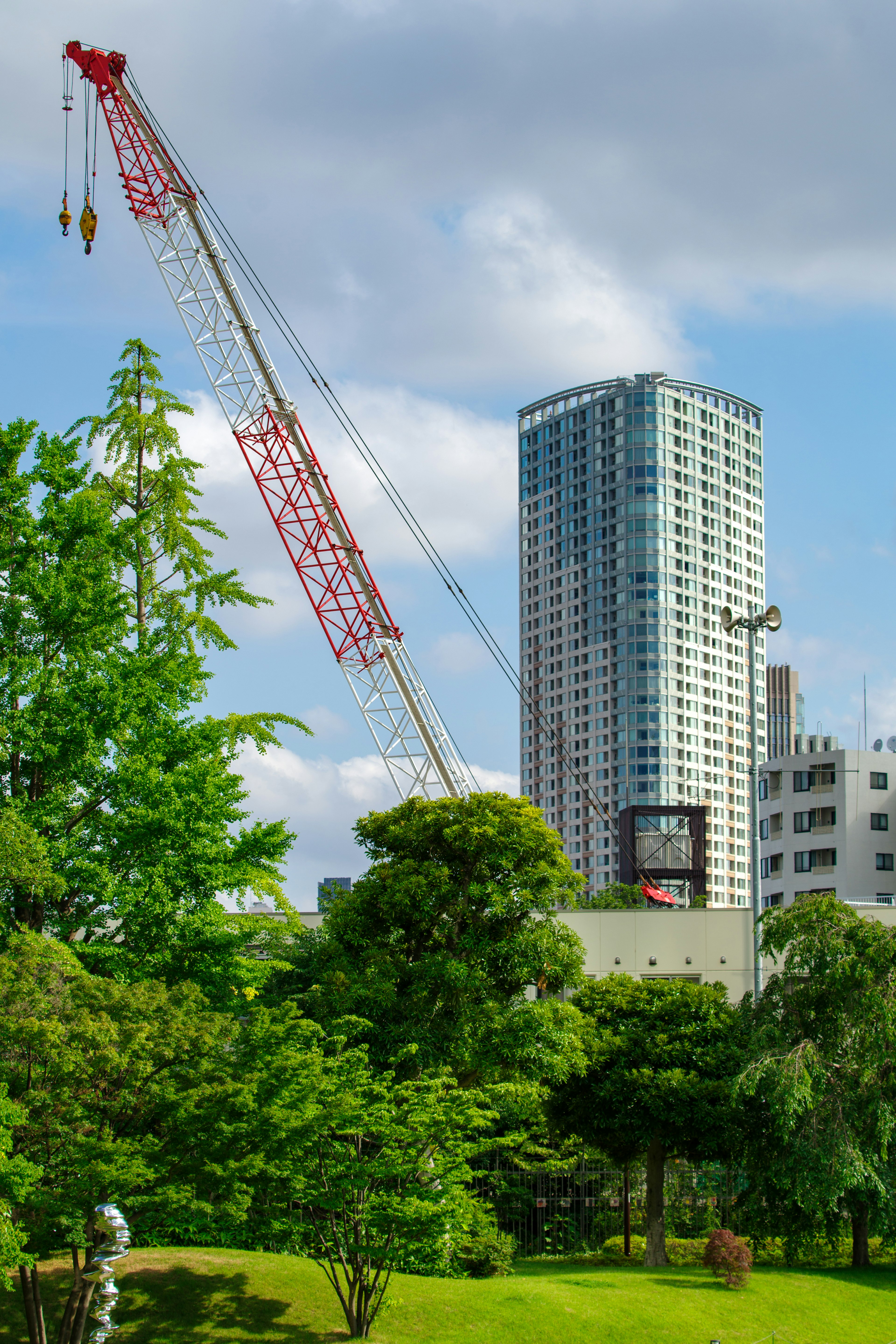 Crane next to a high-rise building surrounded by park greenery