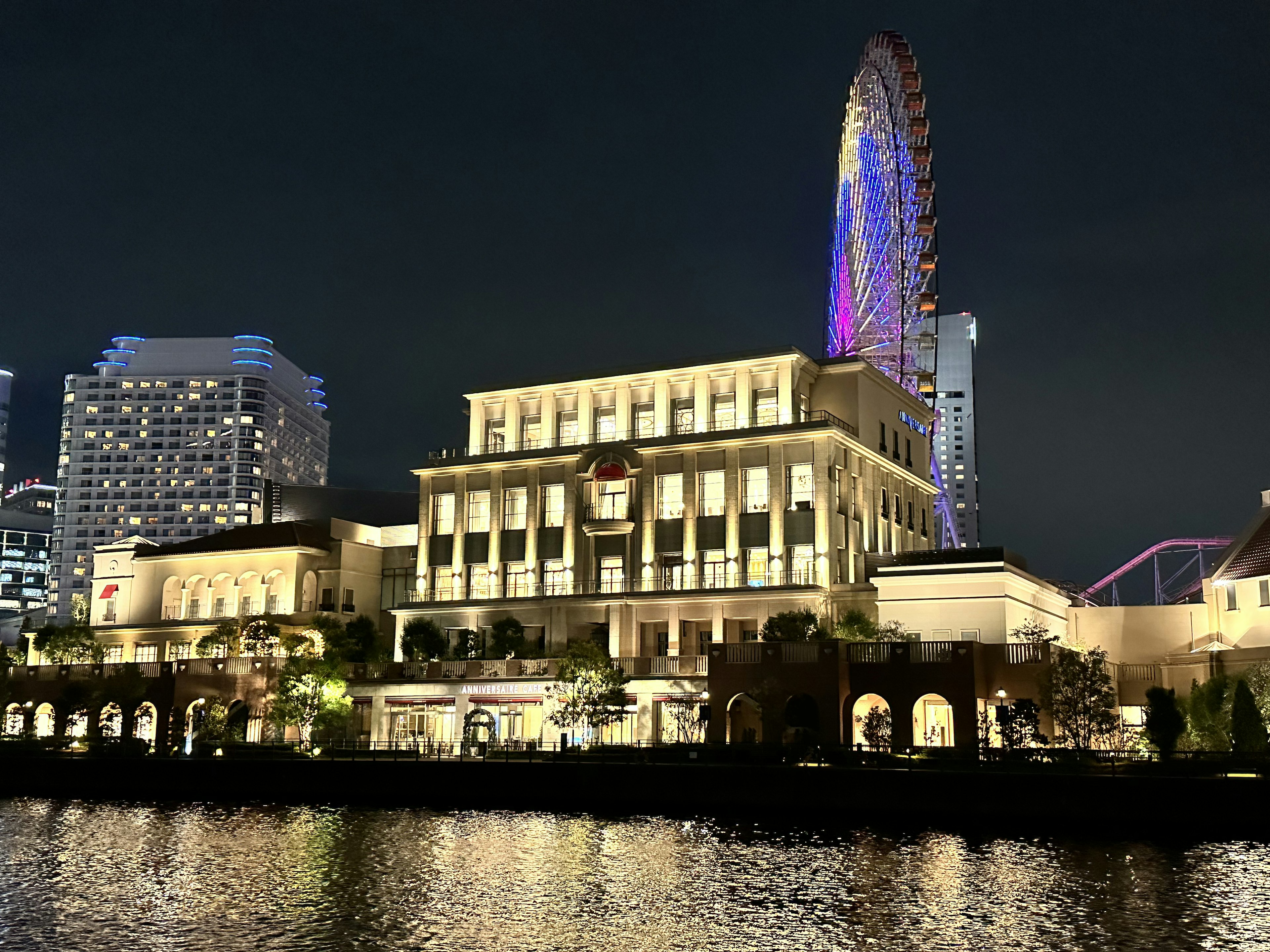 夜景の中に映る豪華な建物と観覧車の景色