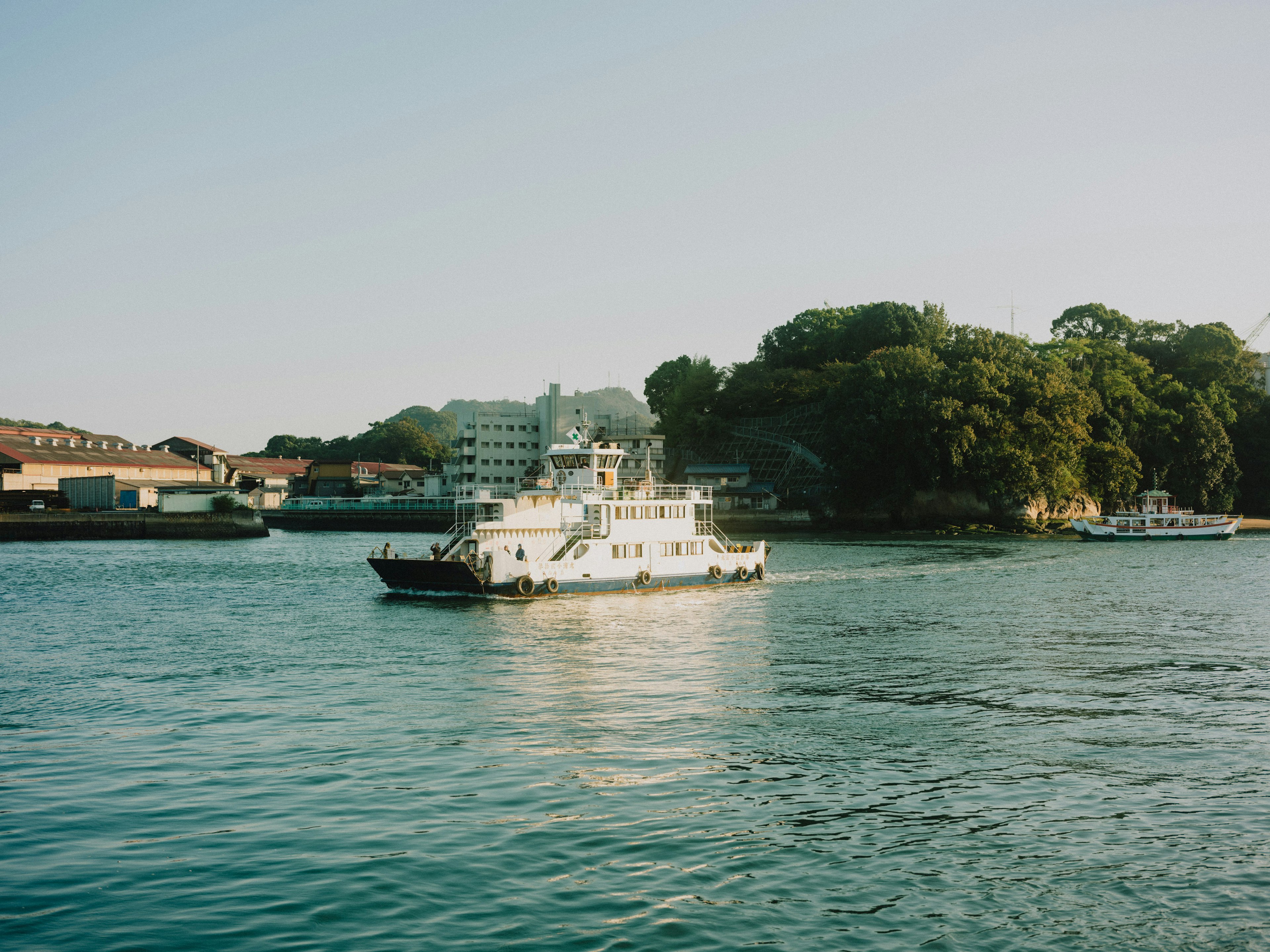 White ferry navigating calm waters with green island in the background