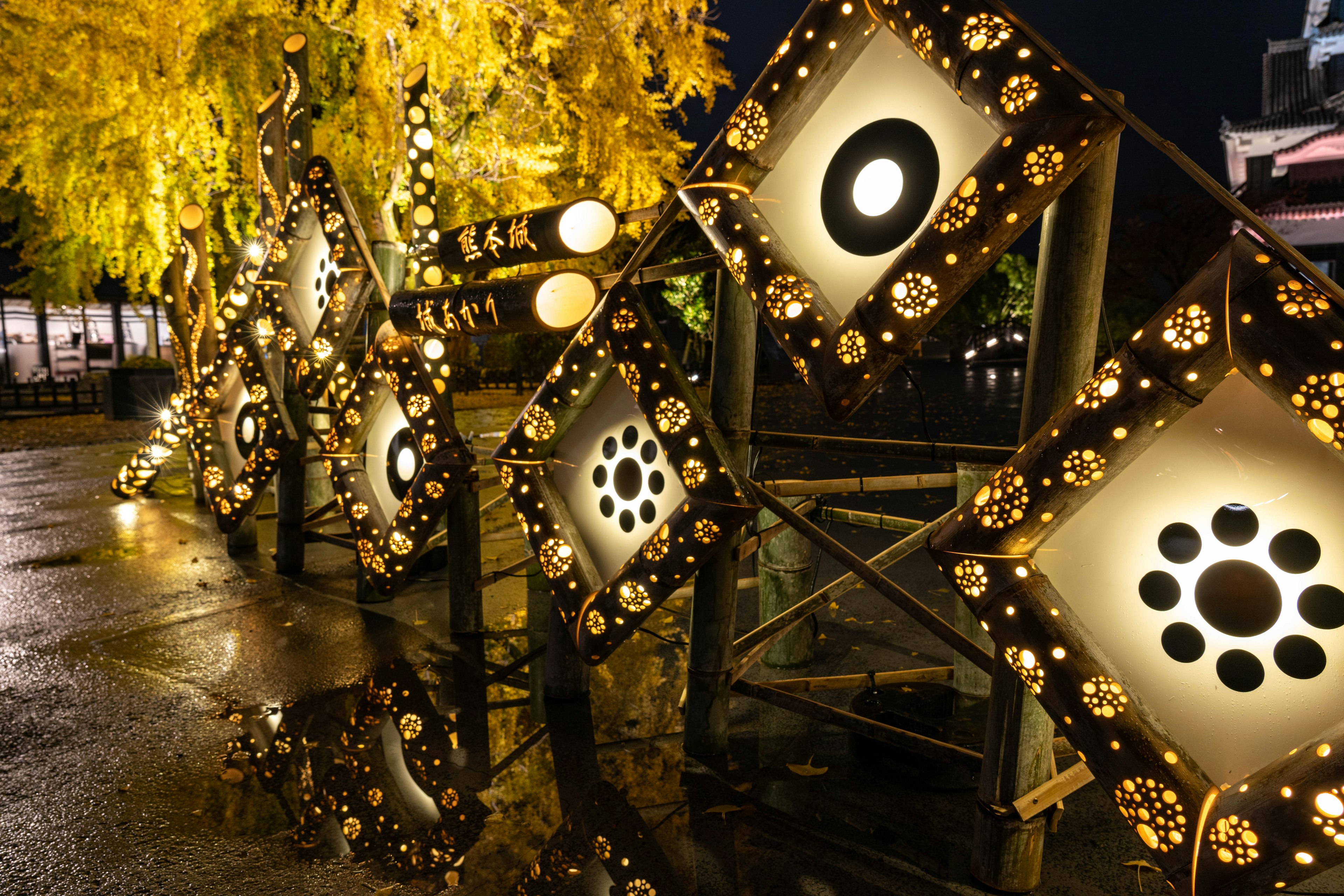 Decorative lights in a park at night contrasting with yellow foliage