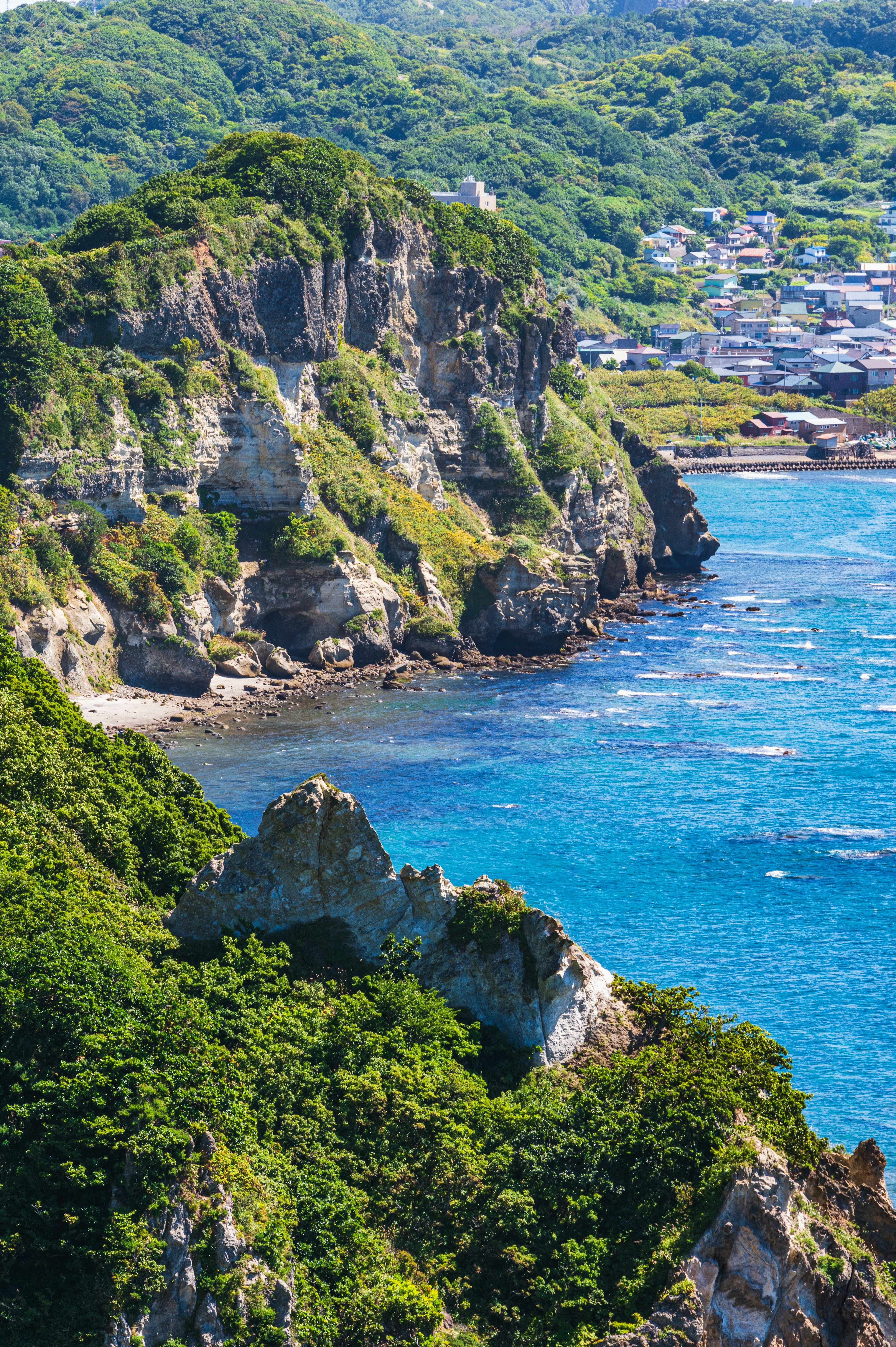 Vista panoramica del mare blu e delle scogliere verdi