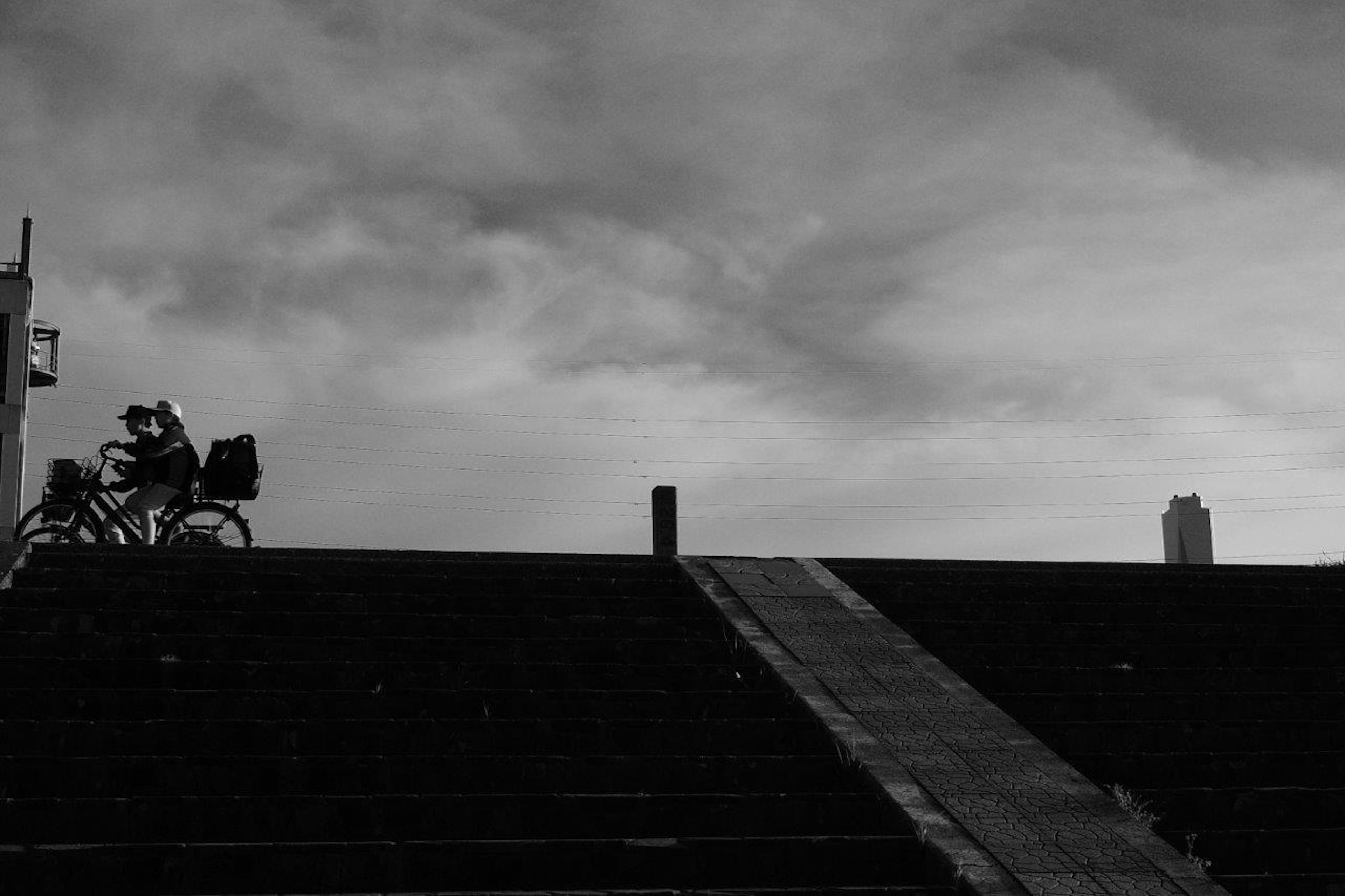 Imagen en blanco y negro de una persona montando una bicicleta por unas escaleras