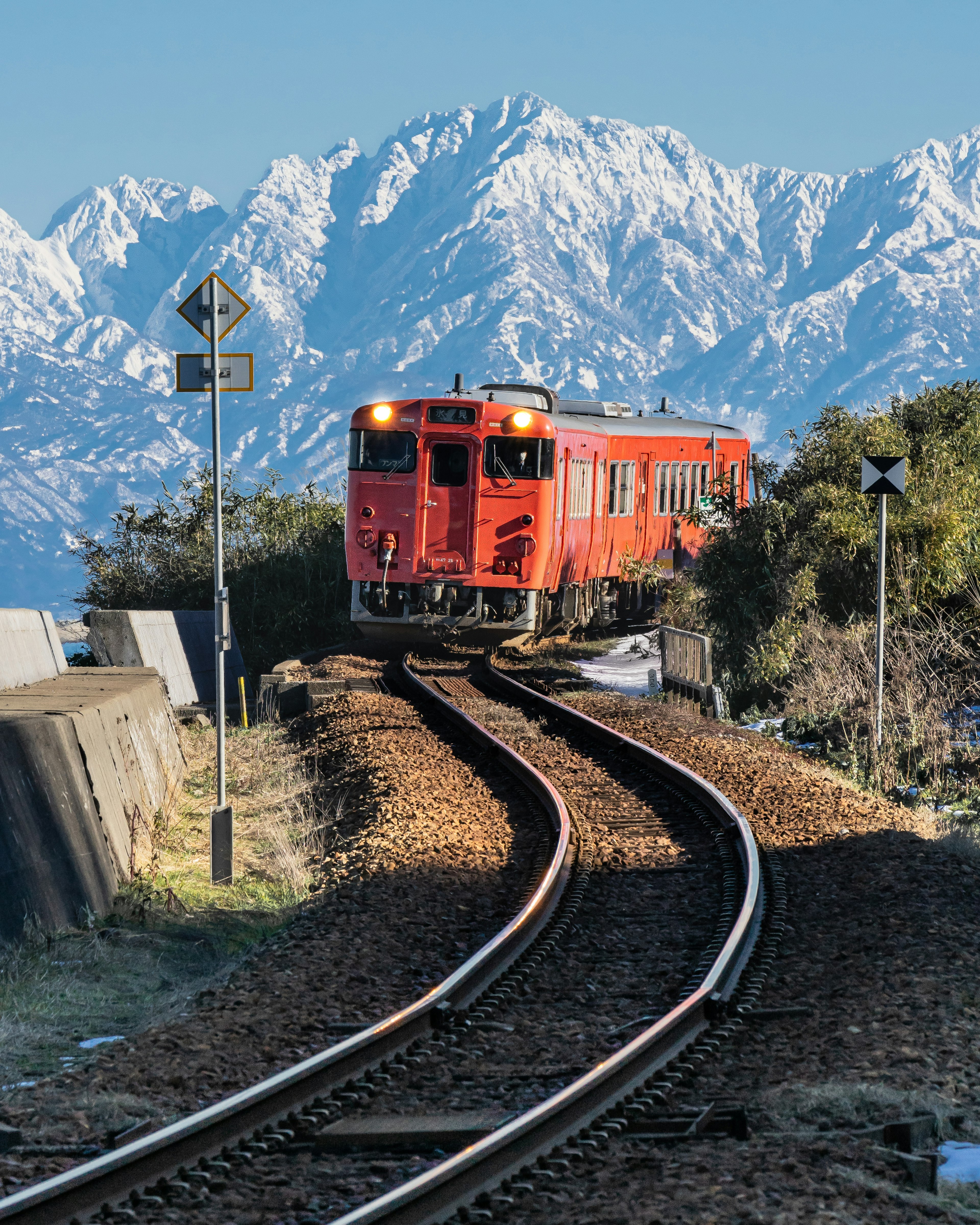 雪をかぶった山々の背景に赤い列車が曲がる鉄道を走る