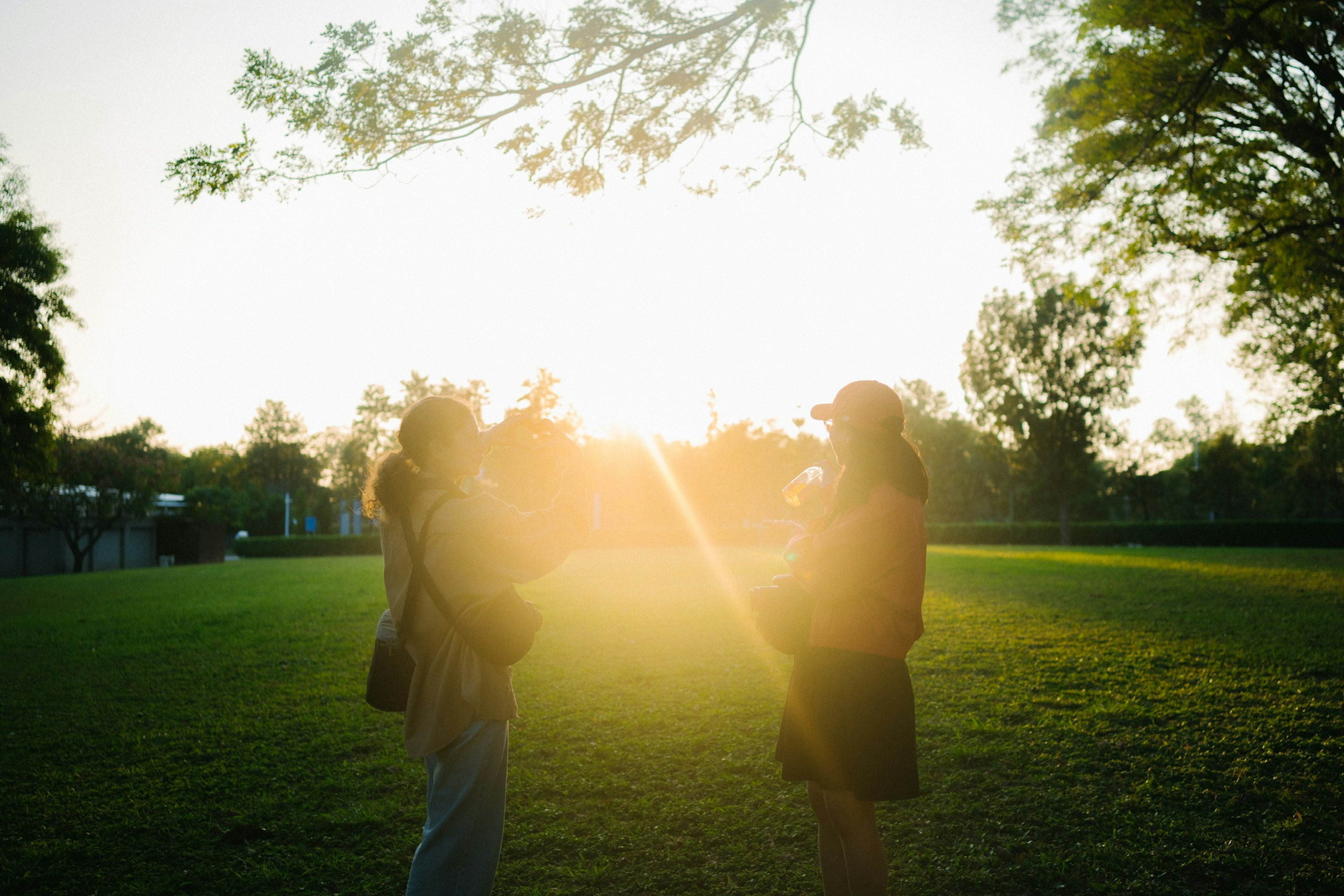 Dos personas conversando en un parque con la puesta de sol de fondo