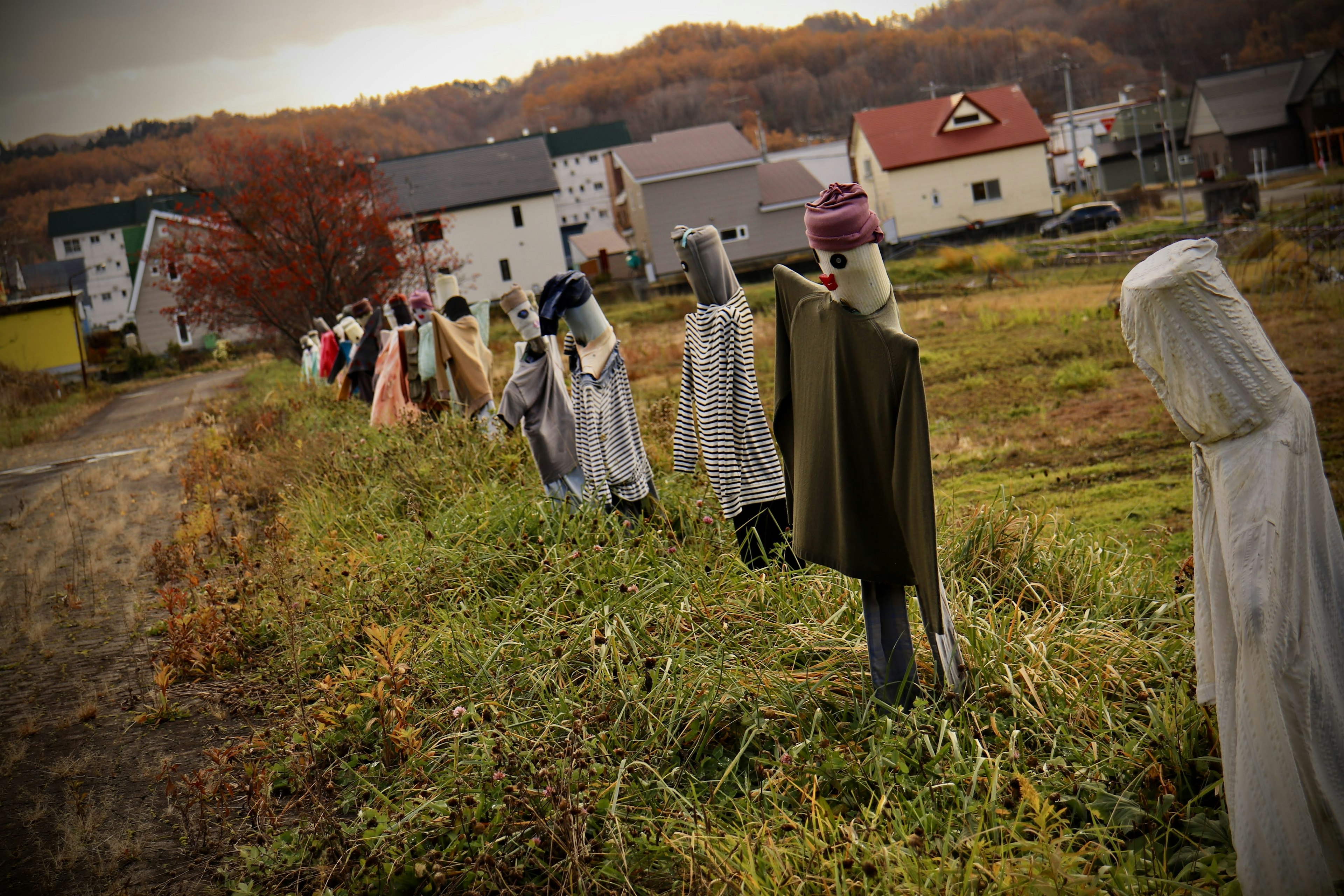 Fila de espantapájaros vestidos con varios trajes a lo largo de un campo en otoño