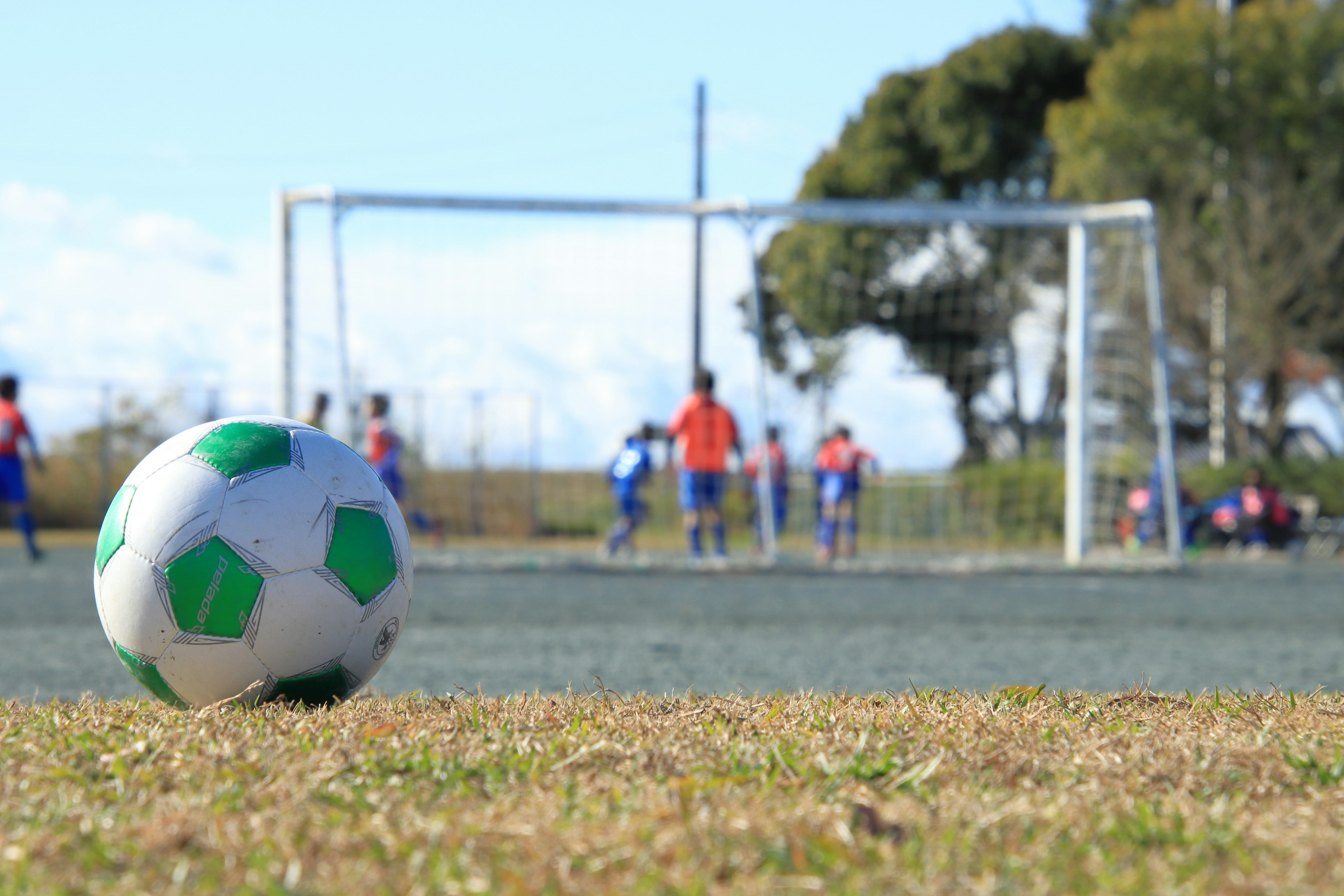 A green-patterned soccer ball on the grass with a goal in the background