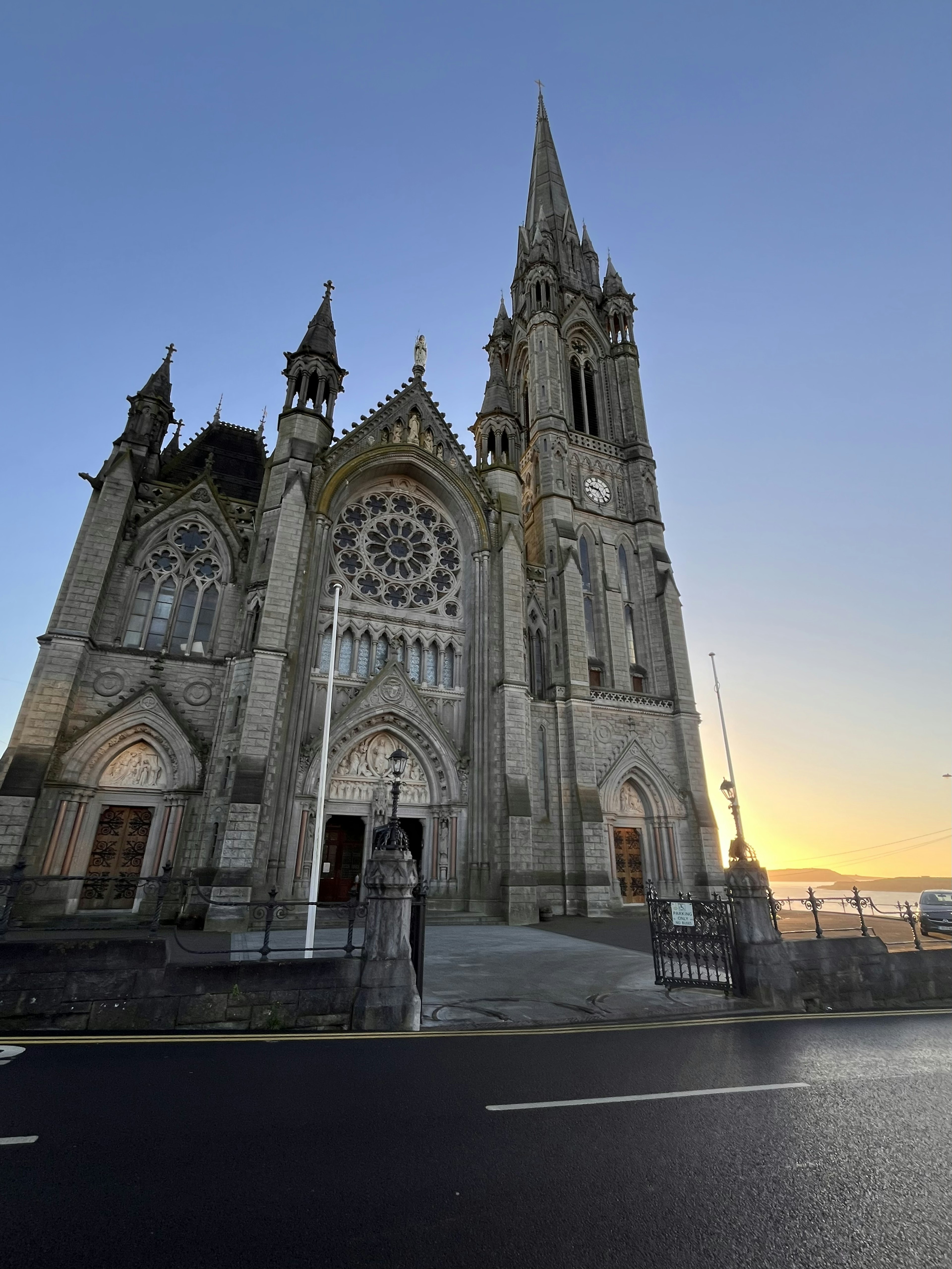 Stunning church exterior with a sunset backdrop