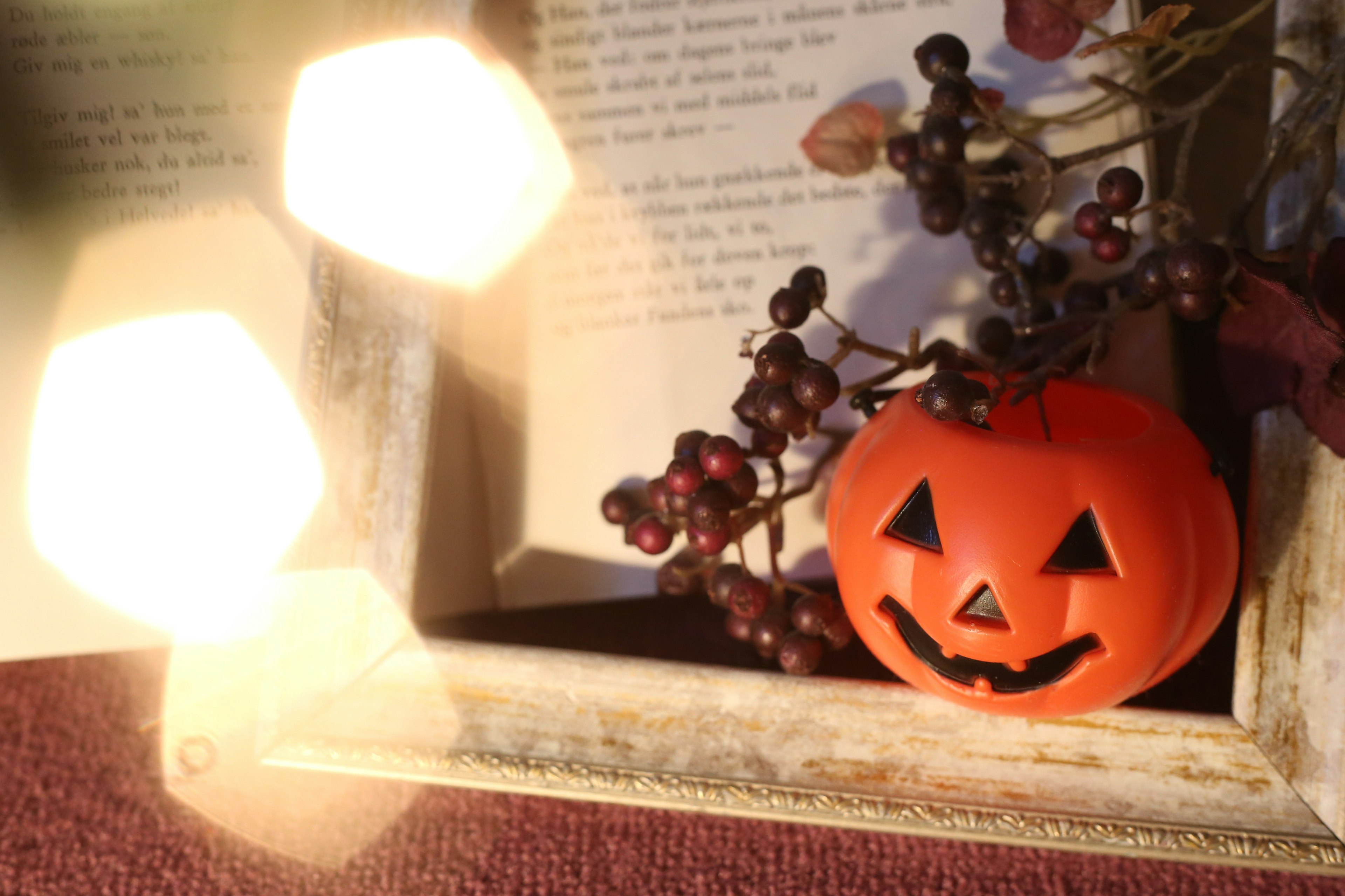 Calabaza jack-o'-lantern naranja con plantas decorativas en una exhibición de otoño