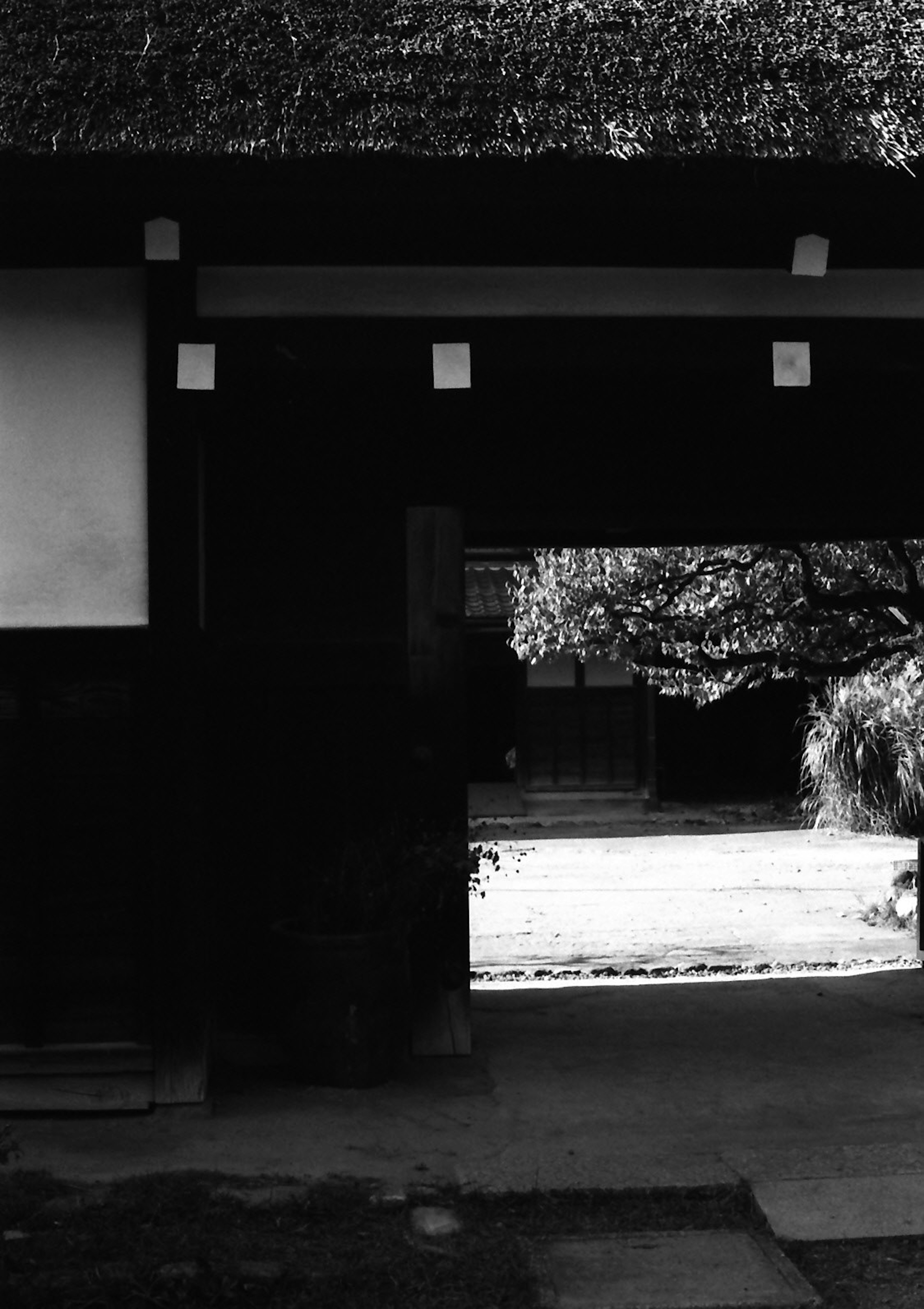 Estructura de puerta japonesa tradicional en blanco y negro con vista a un jardín