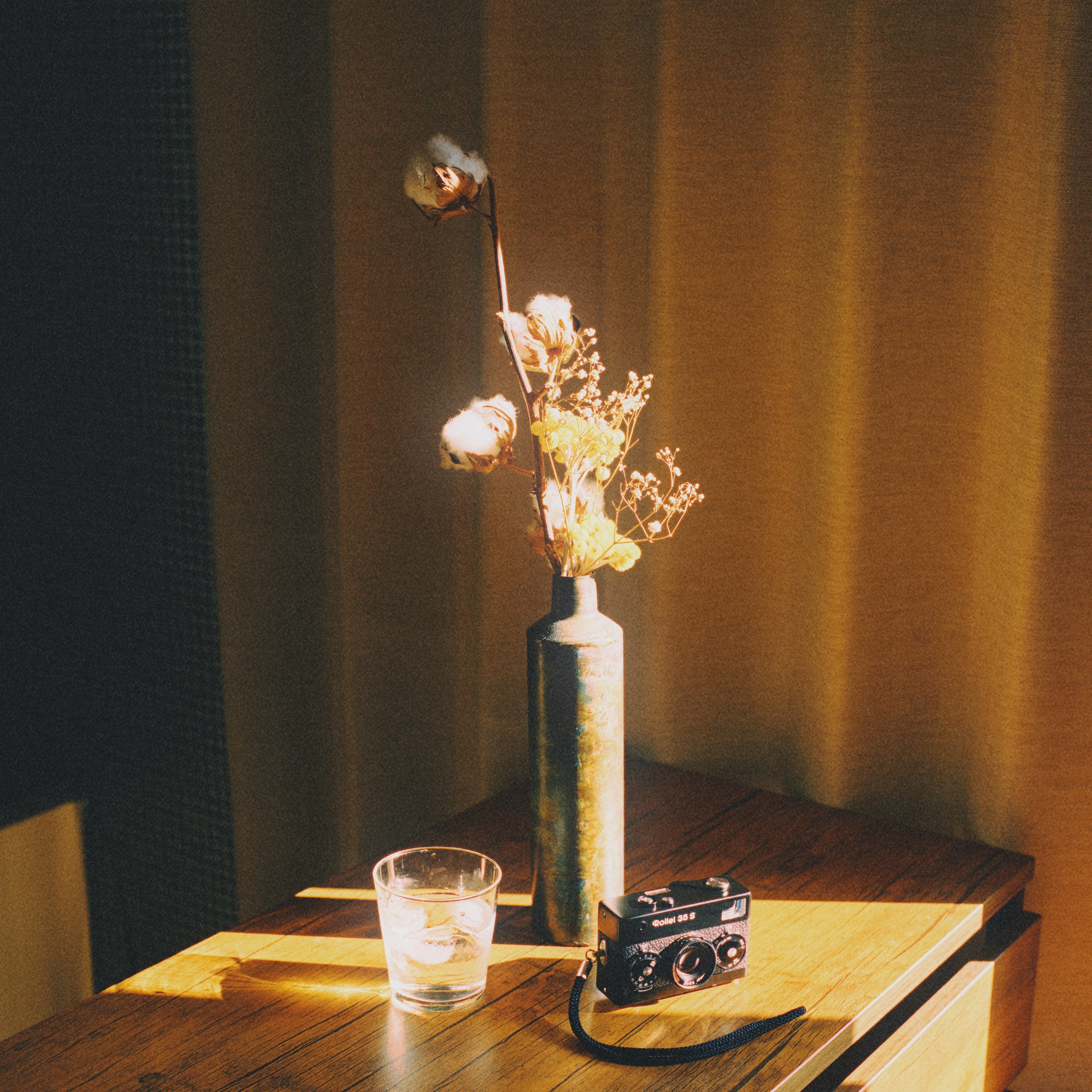 A serene scene with a vase of dried flowers and a vintage camera on a wooden table