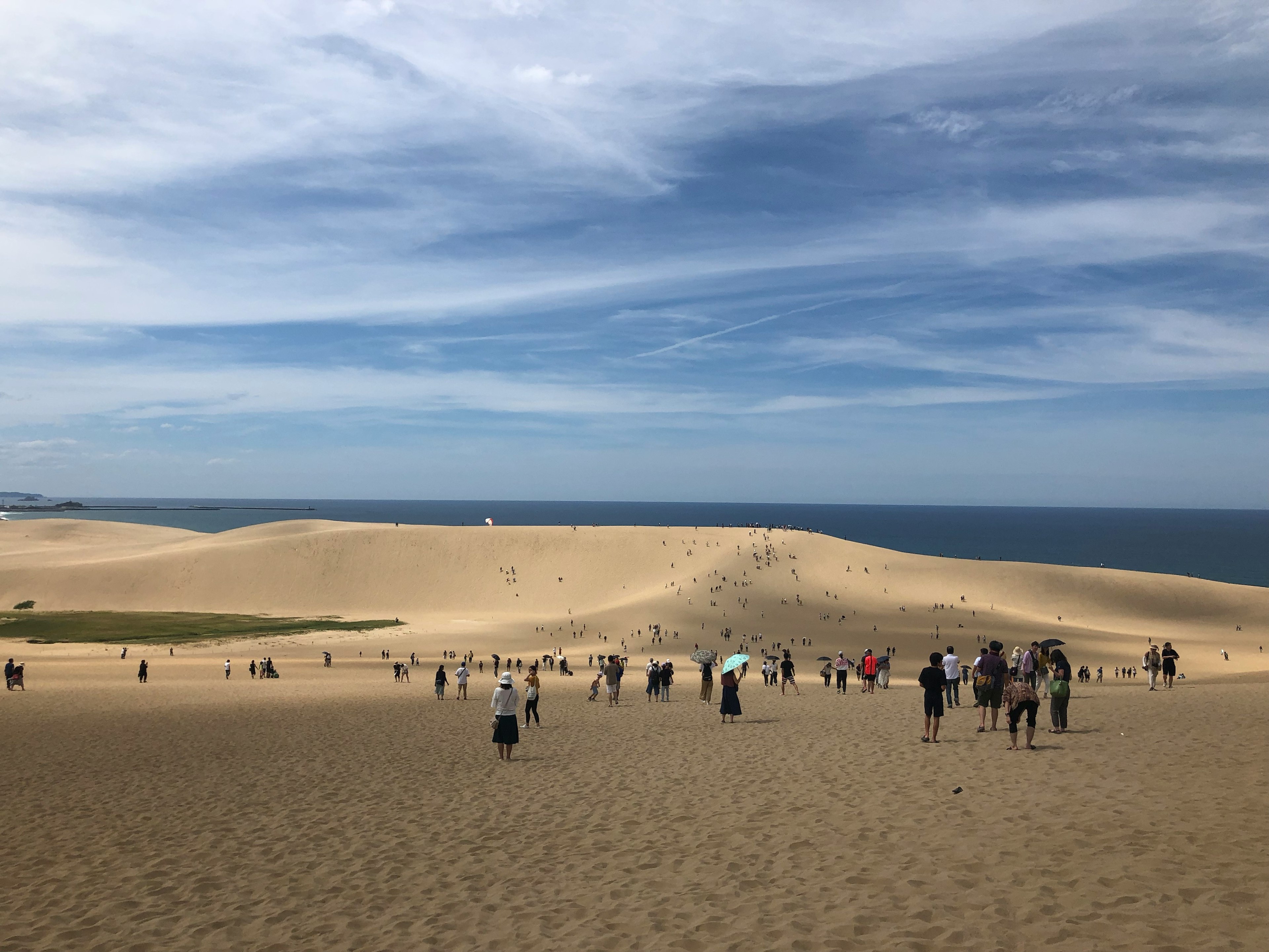 Paisaje de dunas con personas dispersas en la arena y el océano al fondo