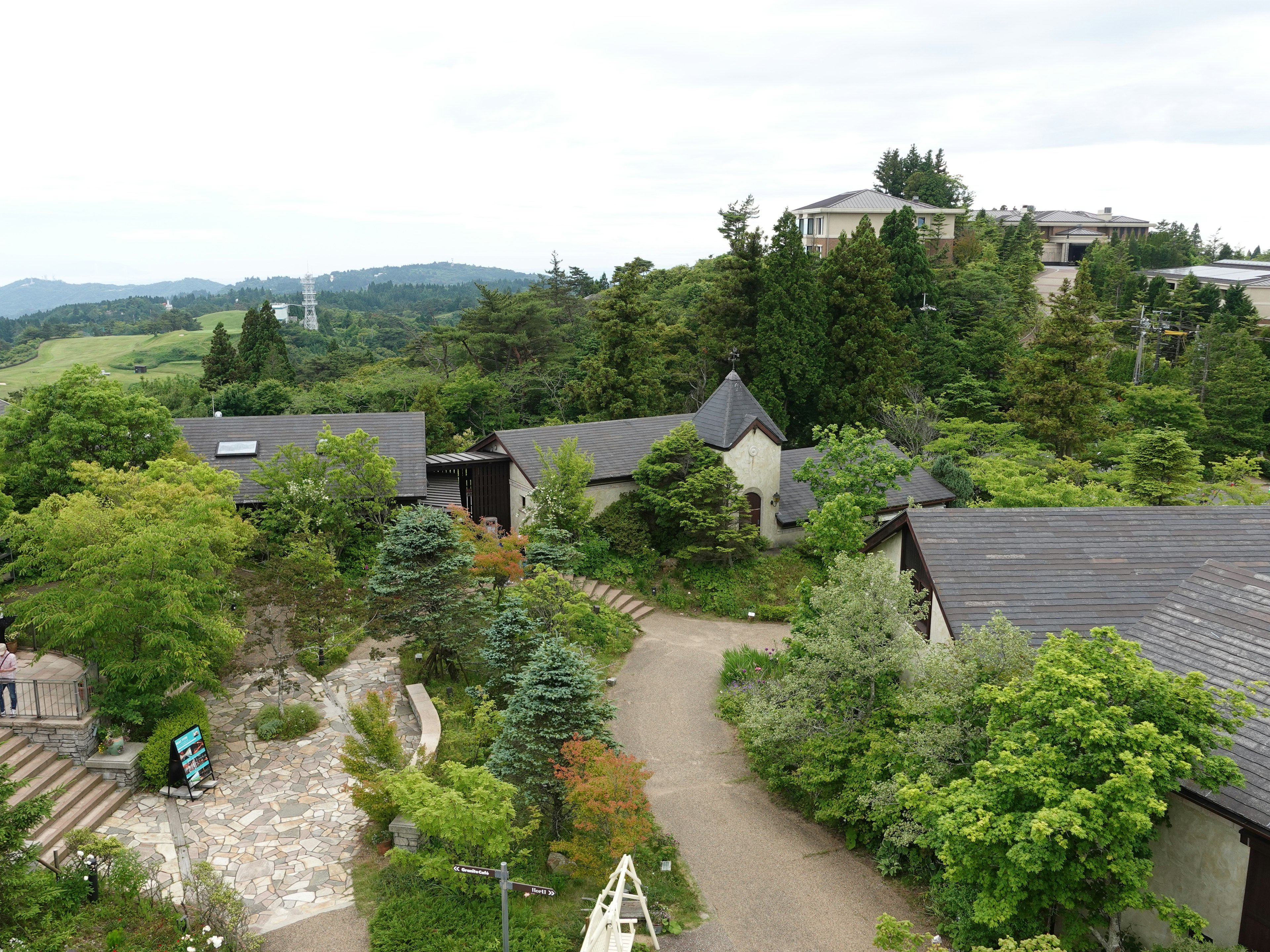 Scenic view of buildings surrounded by greenery with a winding pathway