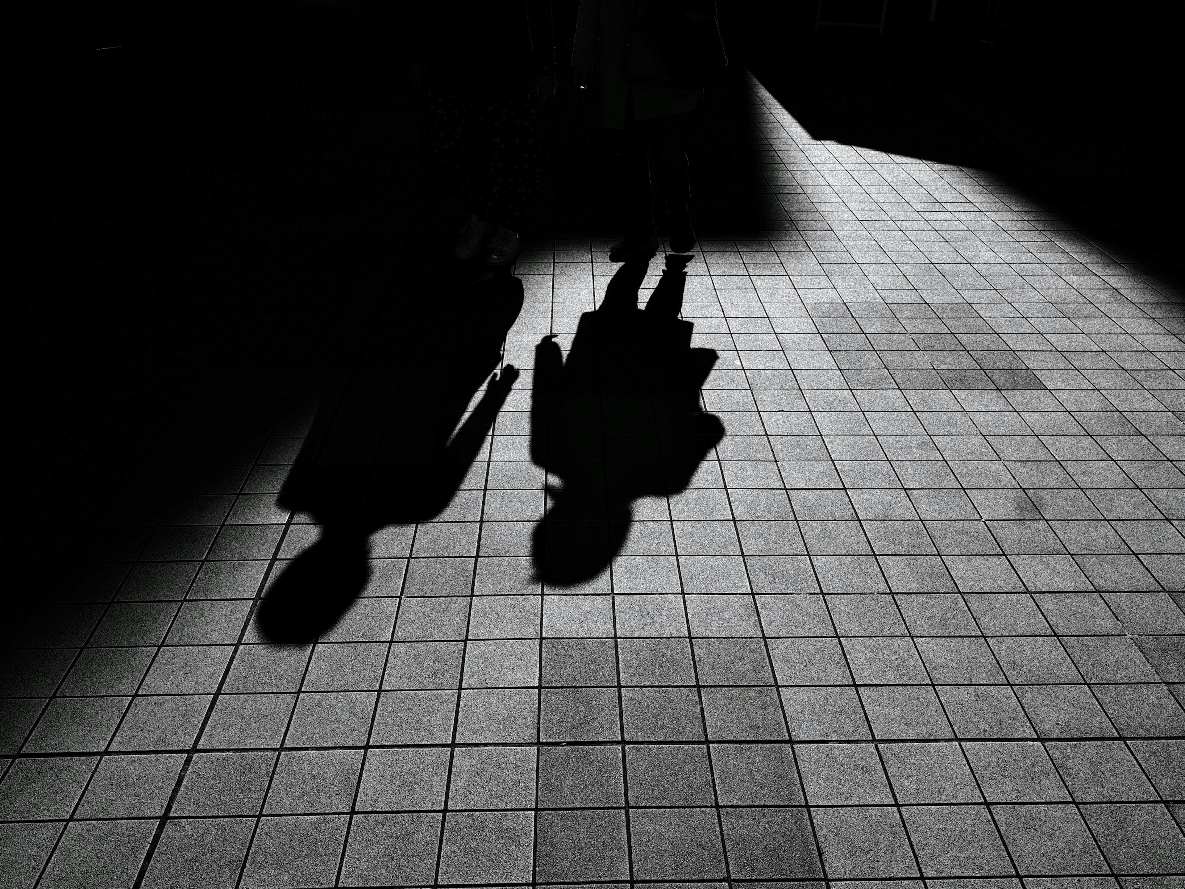 Silhouettes of two people on tiled floor with shadows