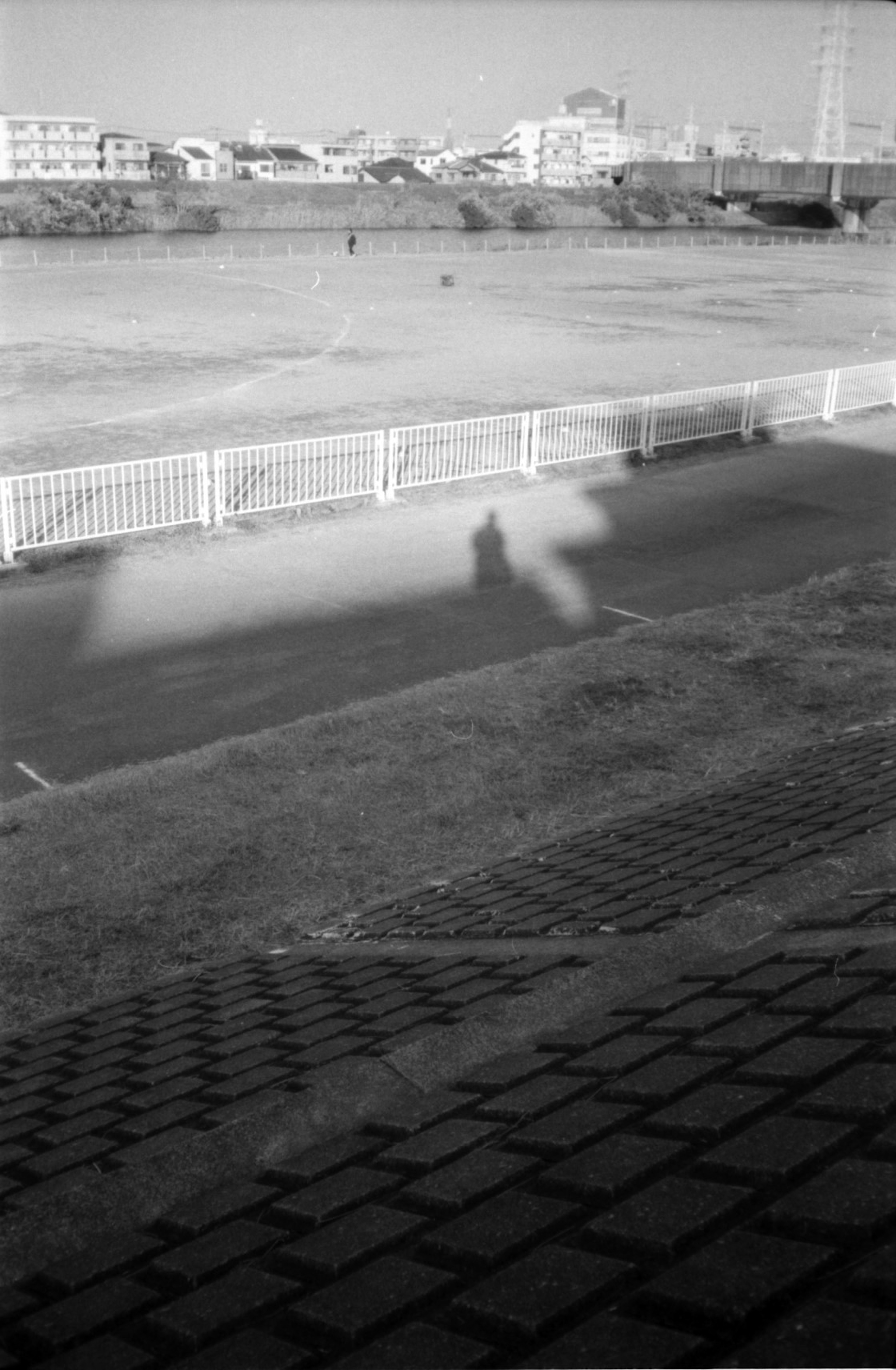 Black and white landscape featuring a shadow of a person and a cobblestone path