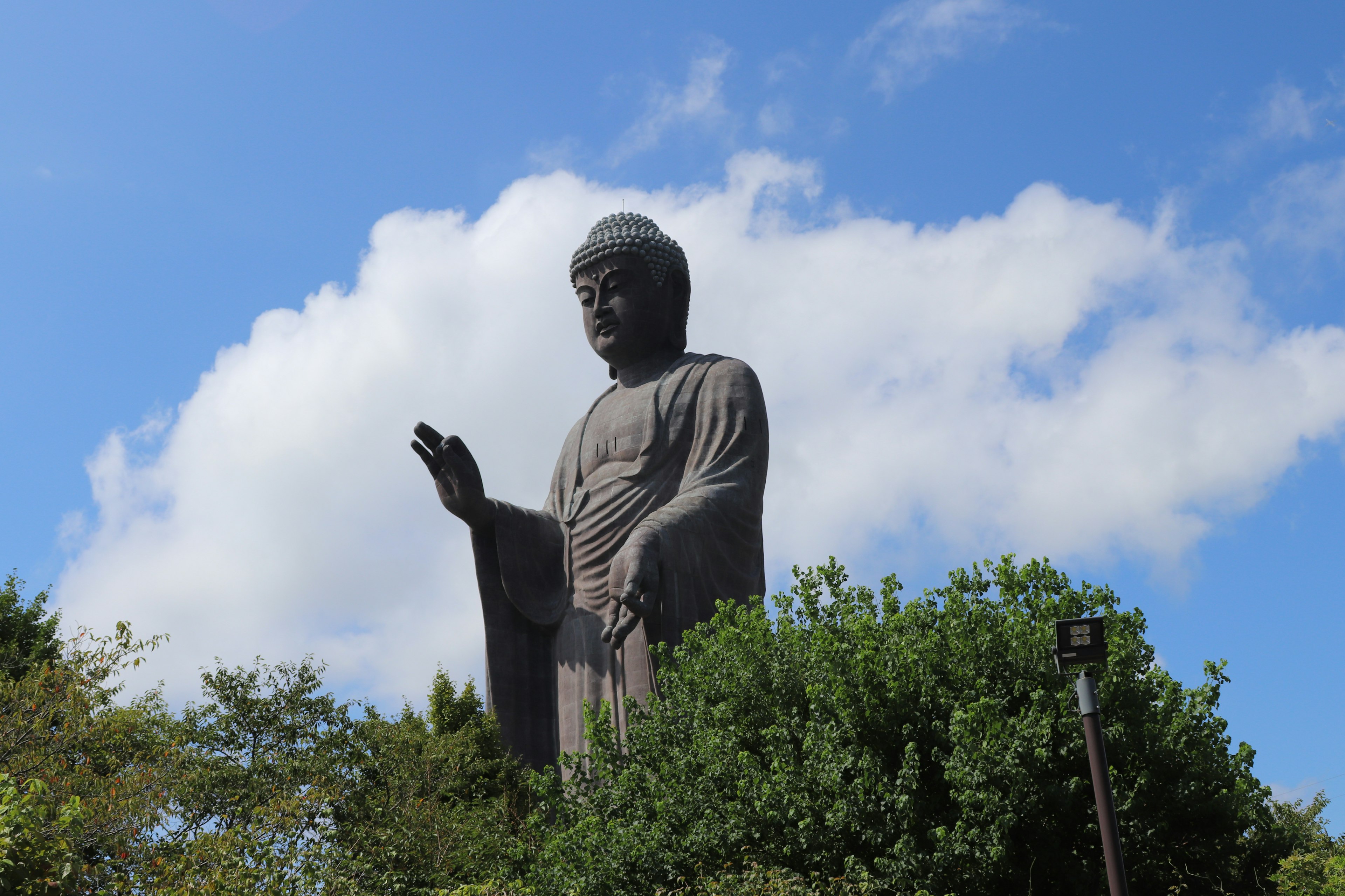 Gran estatua de Buda de pie bajo un cielo azul rodeada de árboles verdes