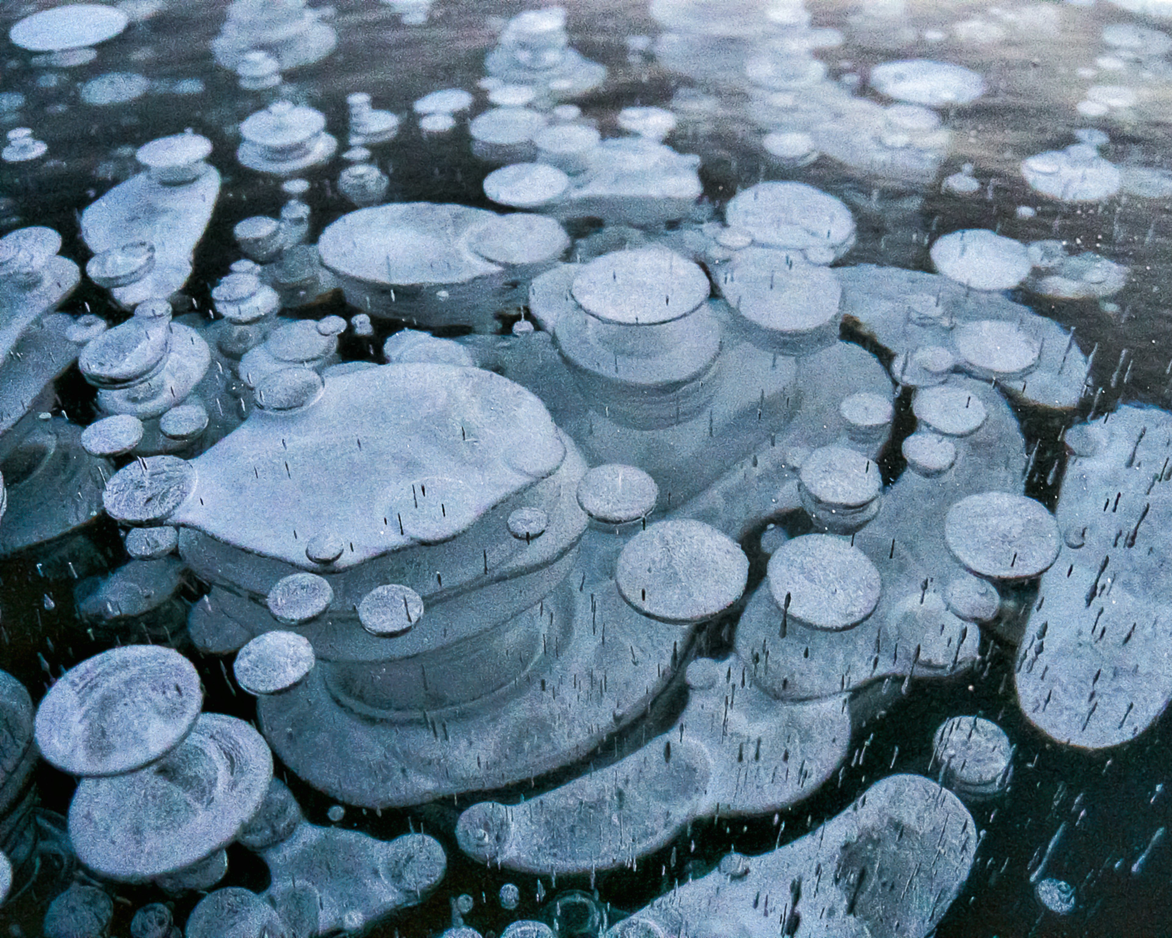 Close-up of circular bubbles and ice formations floating on water