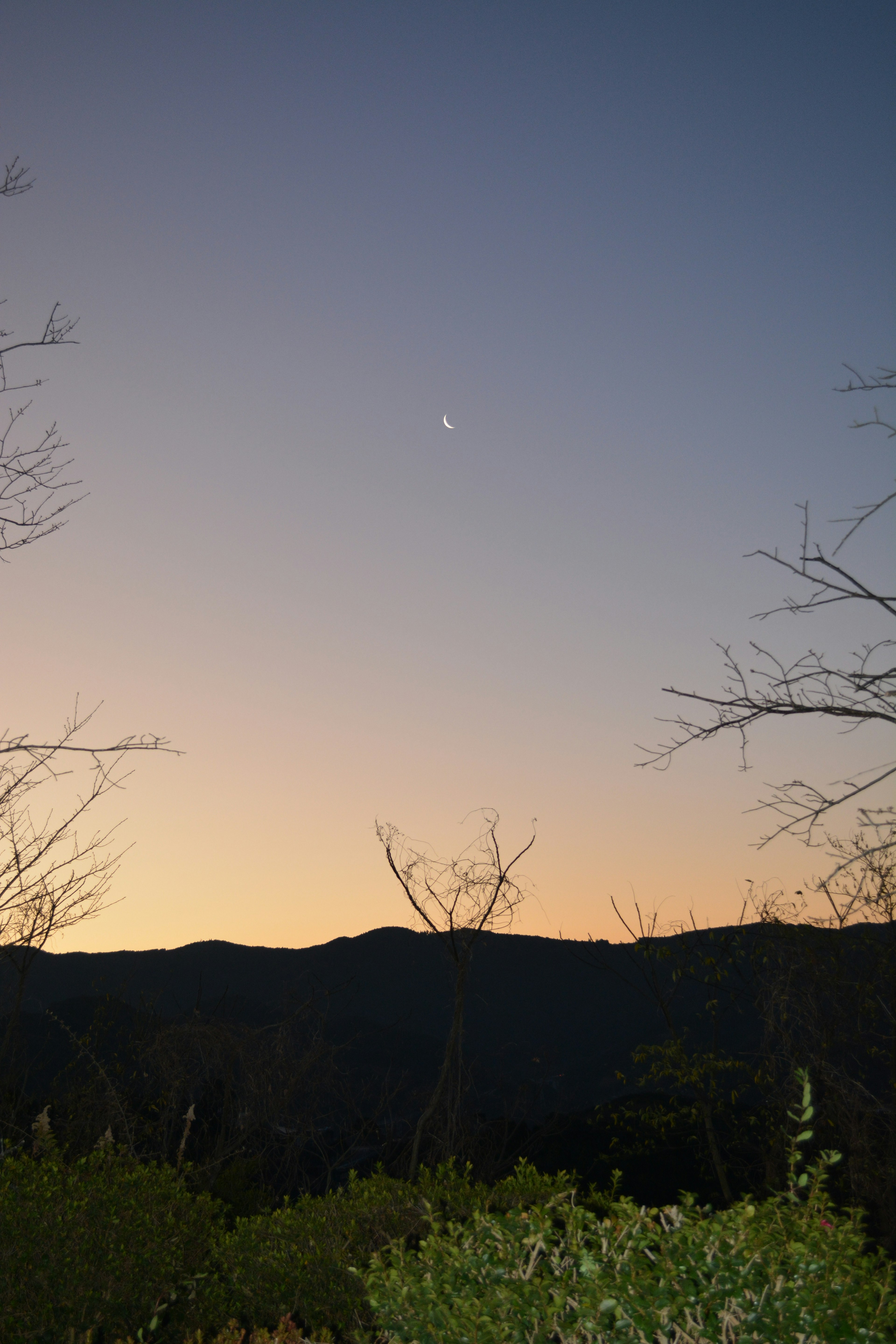 Paesaggio montano al crepuscolo con una stella in un cielo tenue