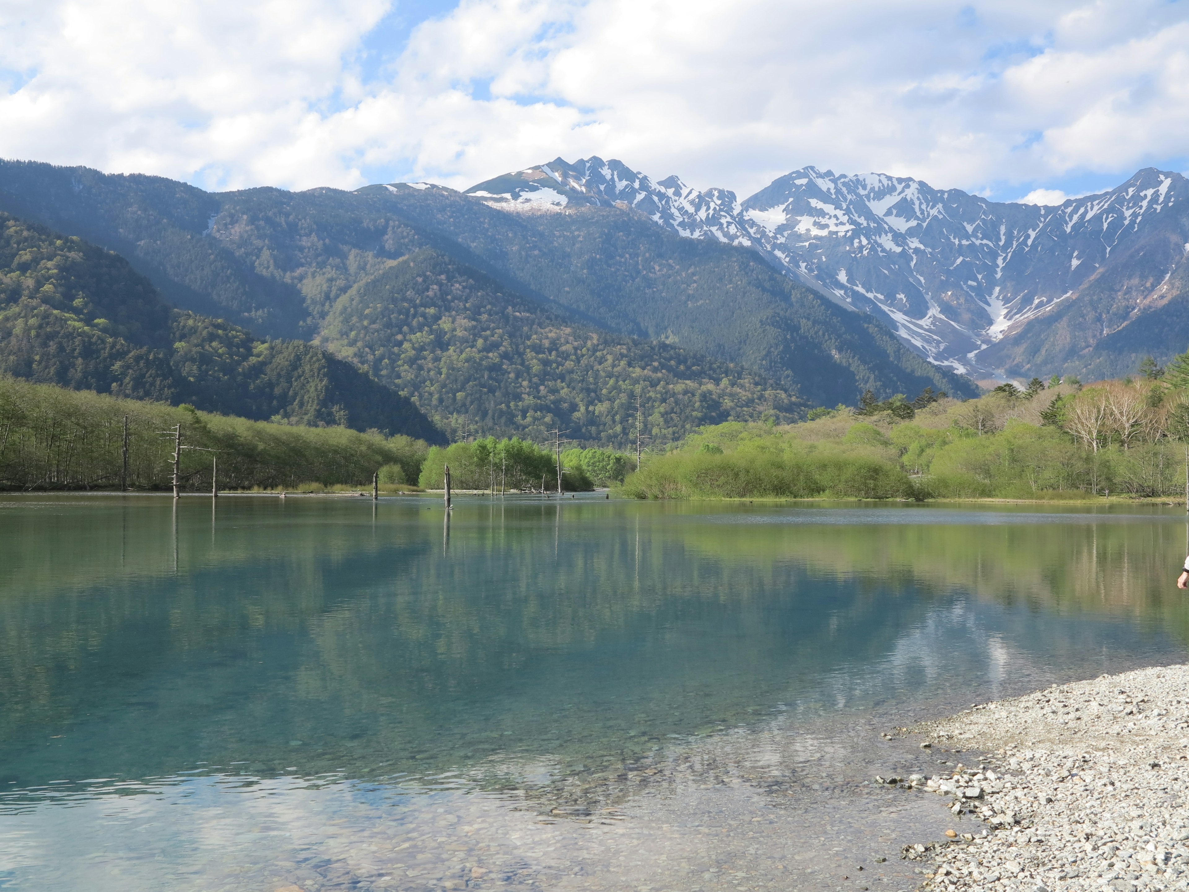 Vue panoramique d'un lac tranquille entouré de verdure luxuriante et de montagnes enneigées