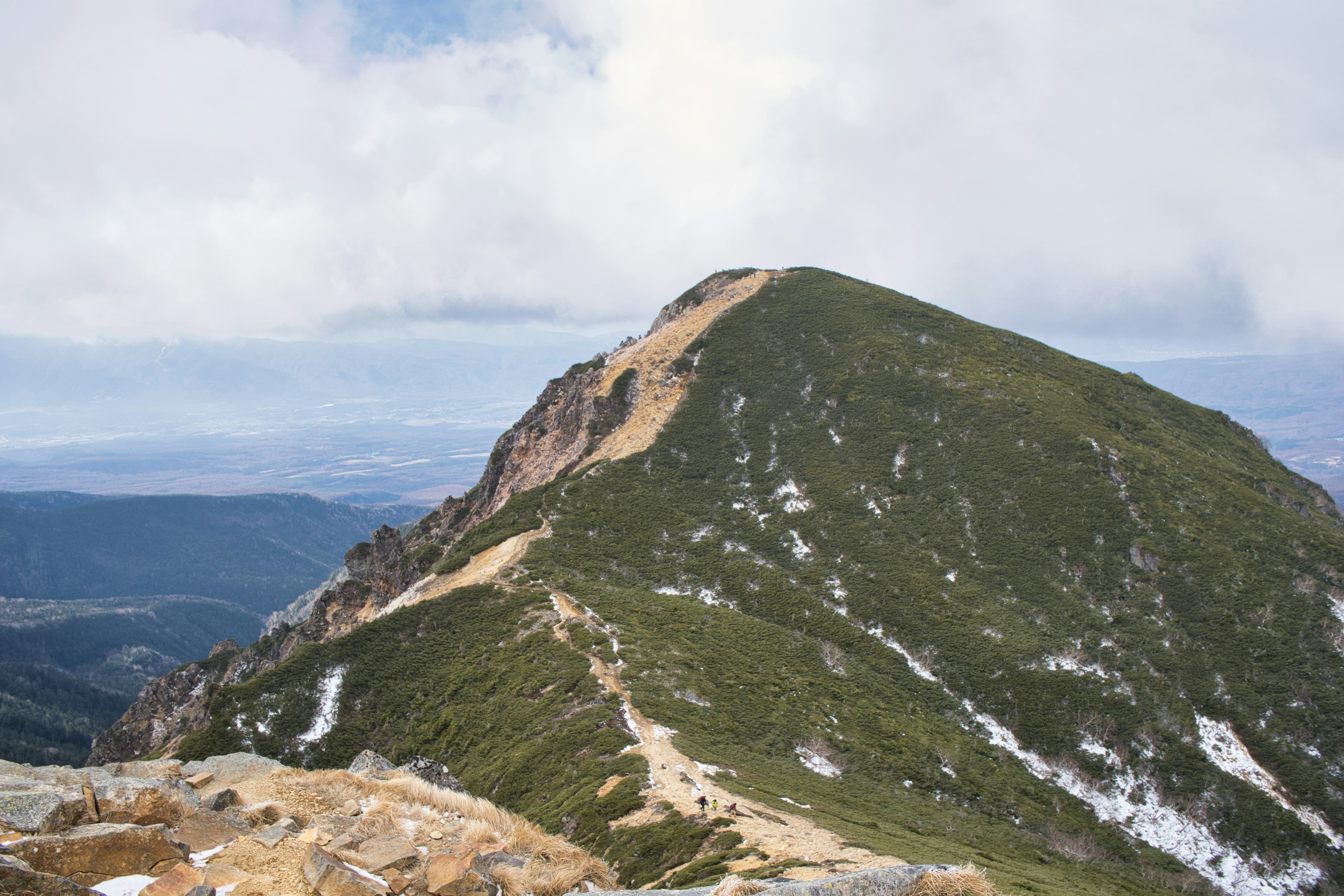 Vista panoramica di una montagna verde con un sentiero innevato