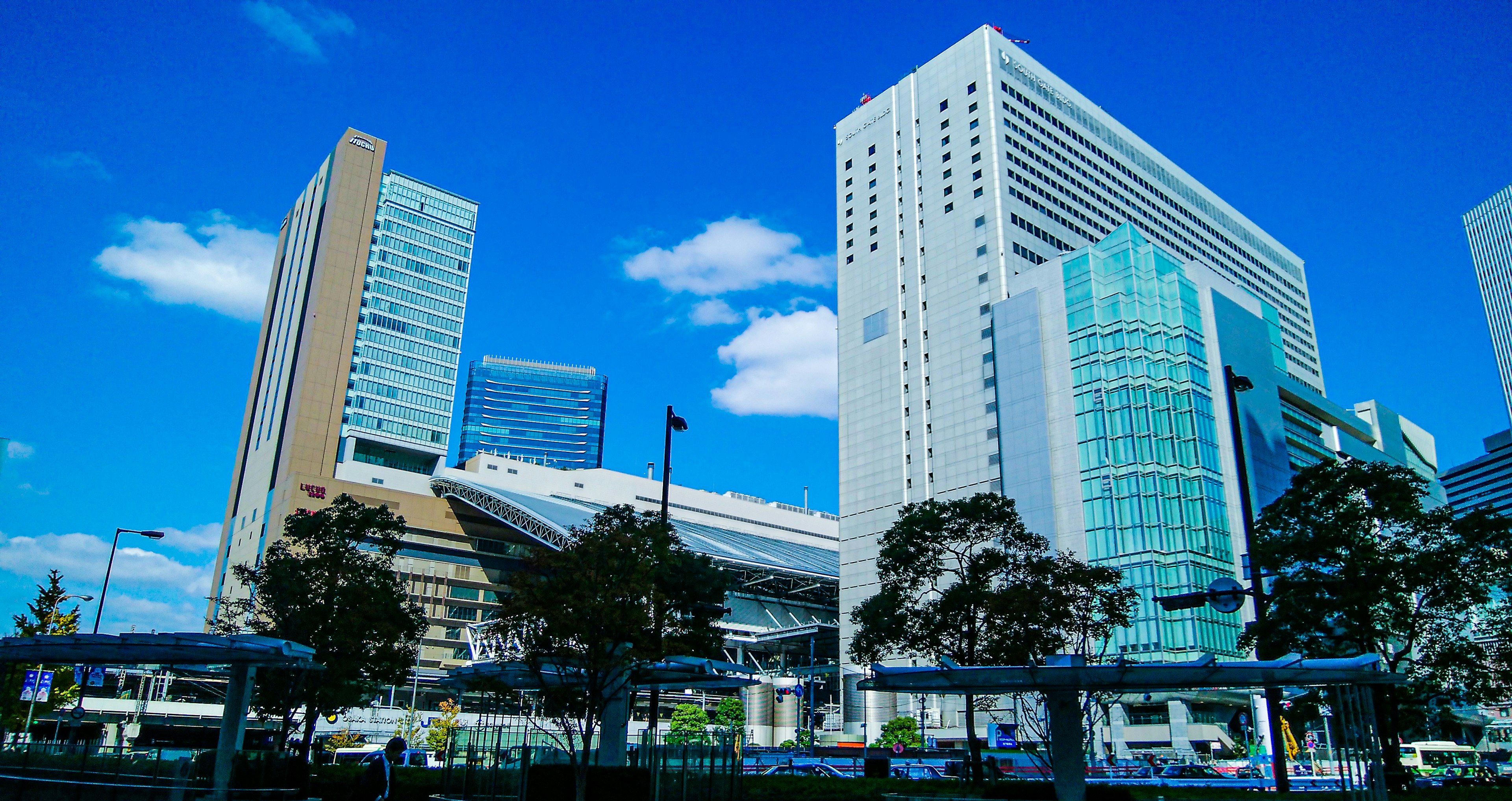 Gedung pencakar langit di bawah langit biru dengan pohon hijau