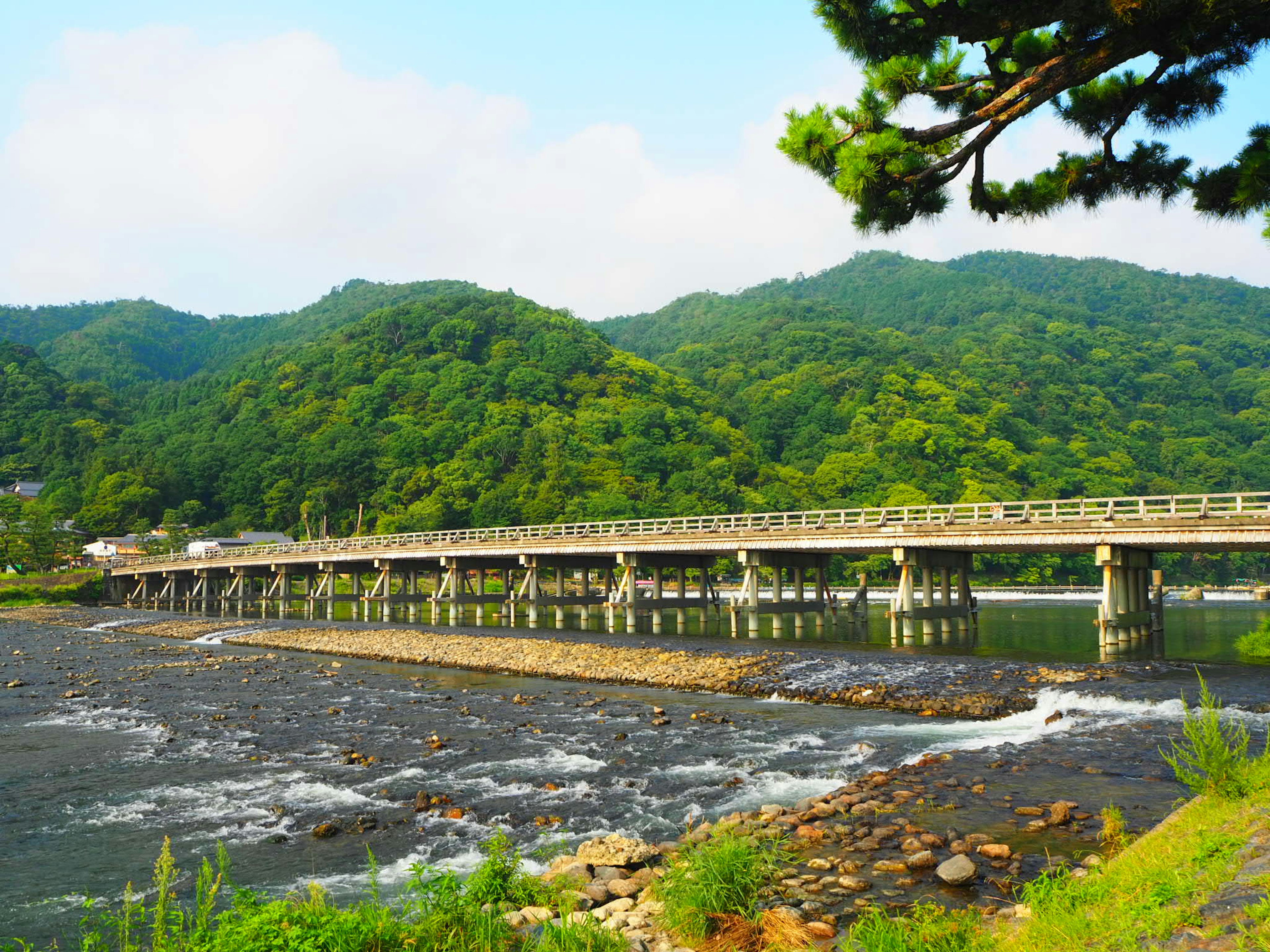 Scenic view of a bridge spanning a river surrounded by lush green mountains