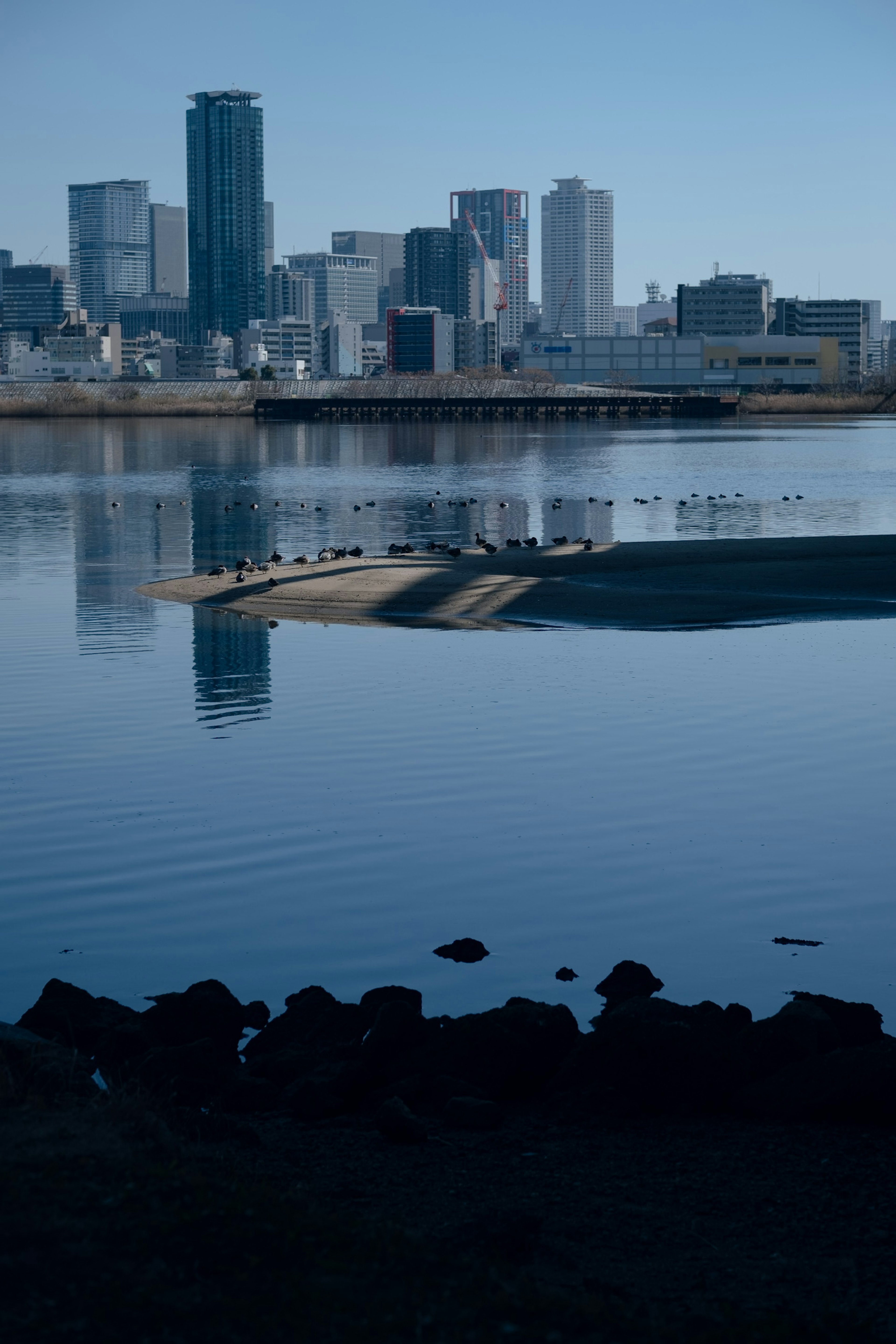 Stadtansicht, die sich im Wasser mit modernen Gebäuden spiegelt