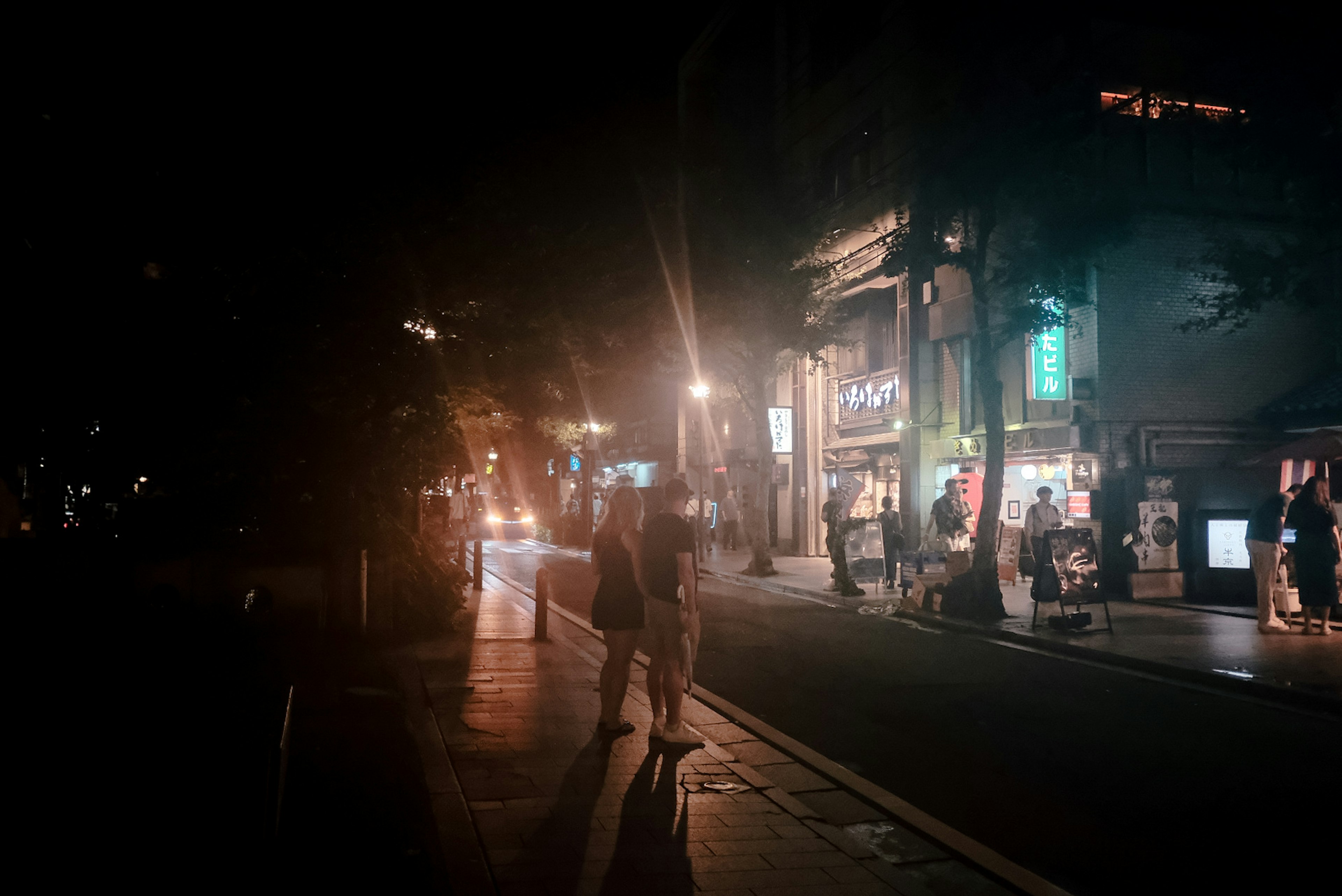 People walking in a city street at night with bright signs