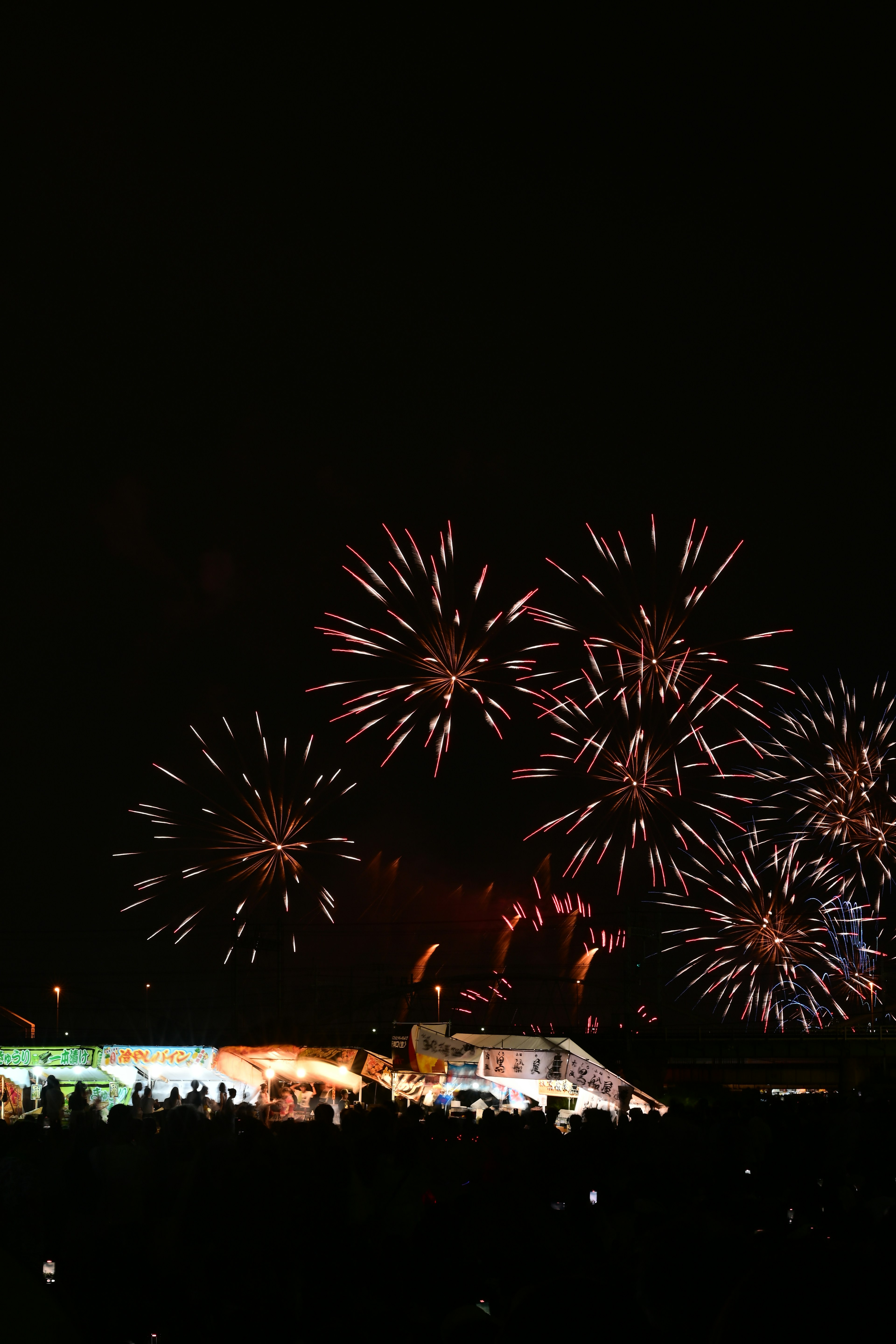 Fuegos artificiales coloridos estallando en el cielo nocturno con siluetas de personas